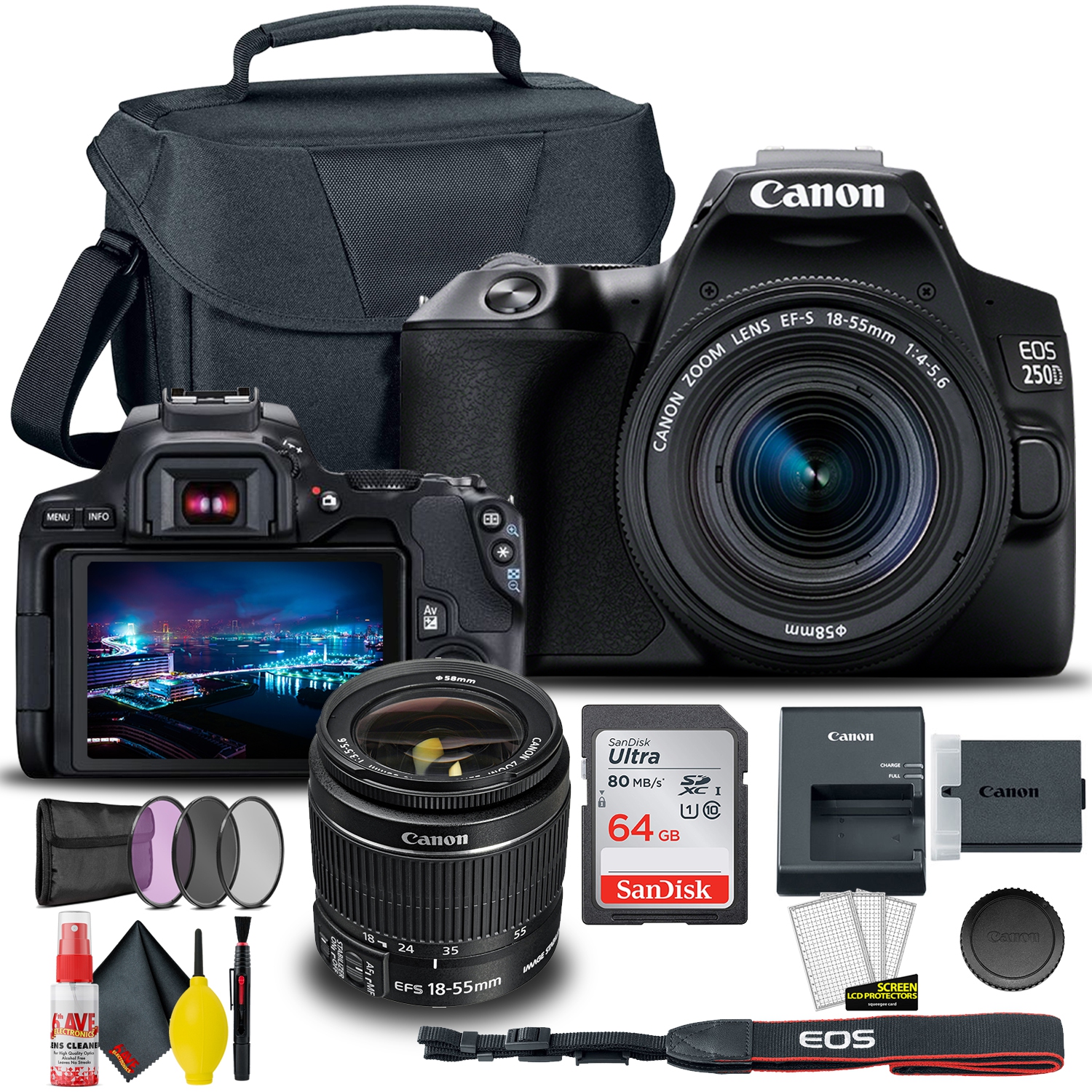 Canon EOS 250D / Rebel SL3 DSLR Camera with 18-55mm Lens + Creative Filter Set, EOS Camera Bag + Sandisk Ultra 64GB Card + 6AVE Electronics