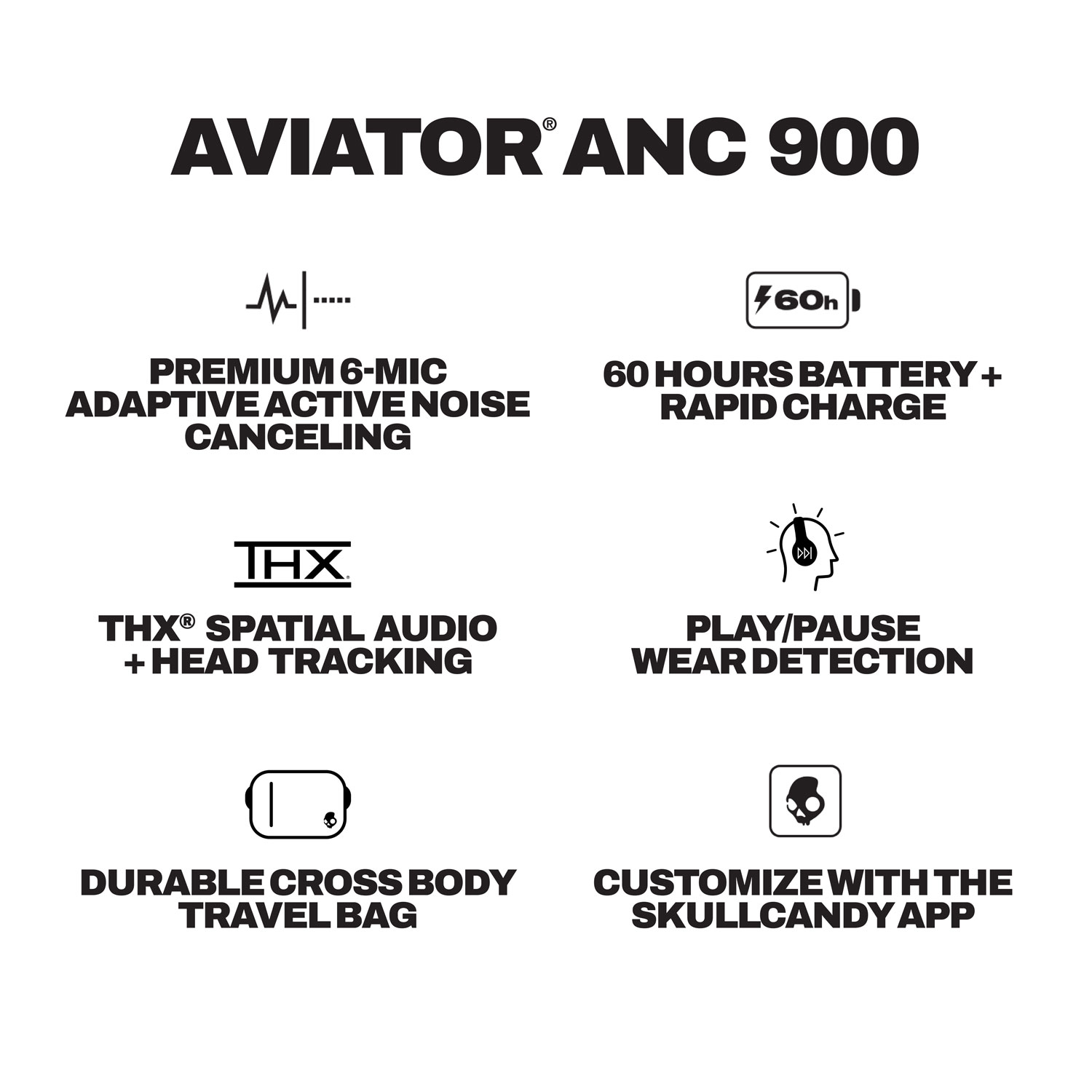Casque d'écoute Bluetooth à suppression du bruit Aviator 900 ANC de Skullcandy - Noir
