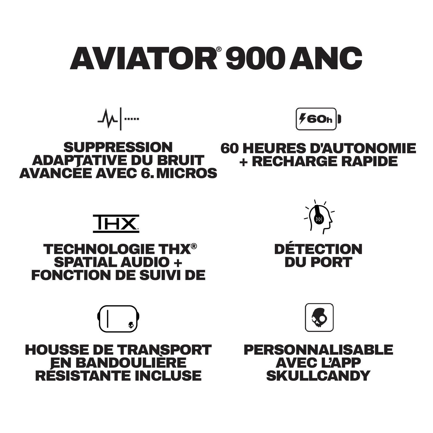 Casque d'écoute Bluetooth à suppression du bruit Aviator 900 ANC de Skullcandy - Noir