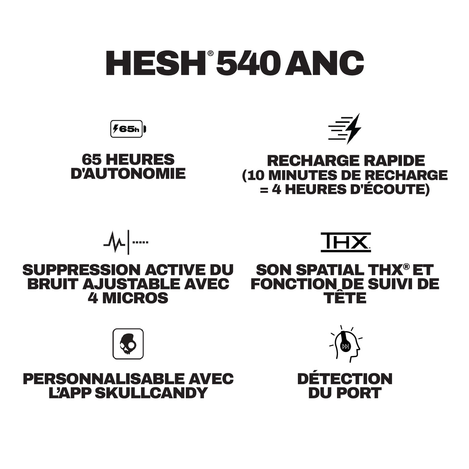 Casque d'écoute Bluetooth à suppression du bruit Hesh 540 ANC de Skullcandy - Noir