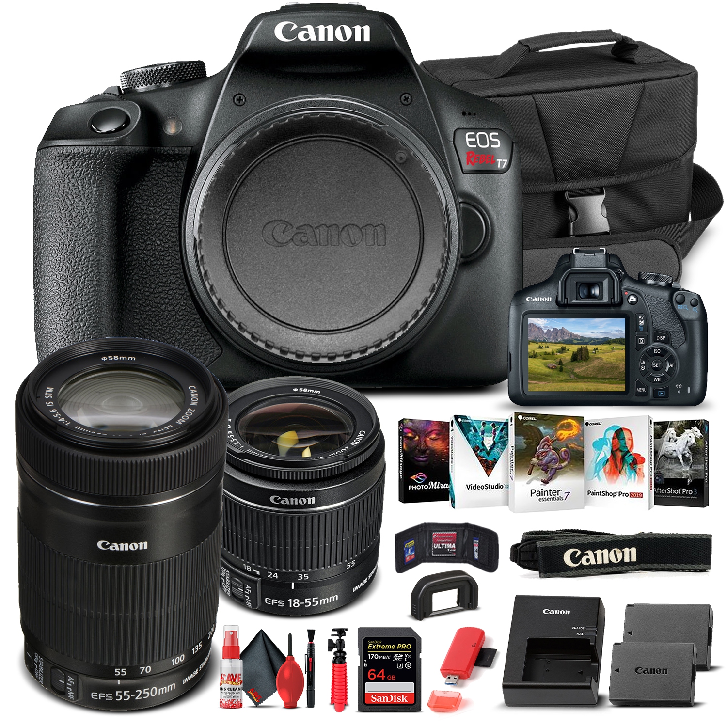 Canon EOS Rebel T7 Camera W/ 18-55mm and EF-S 55-250mm Lens - Basic Bundle
