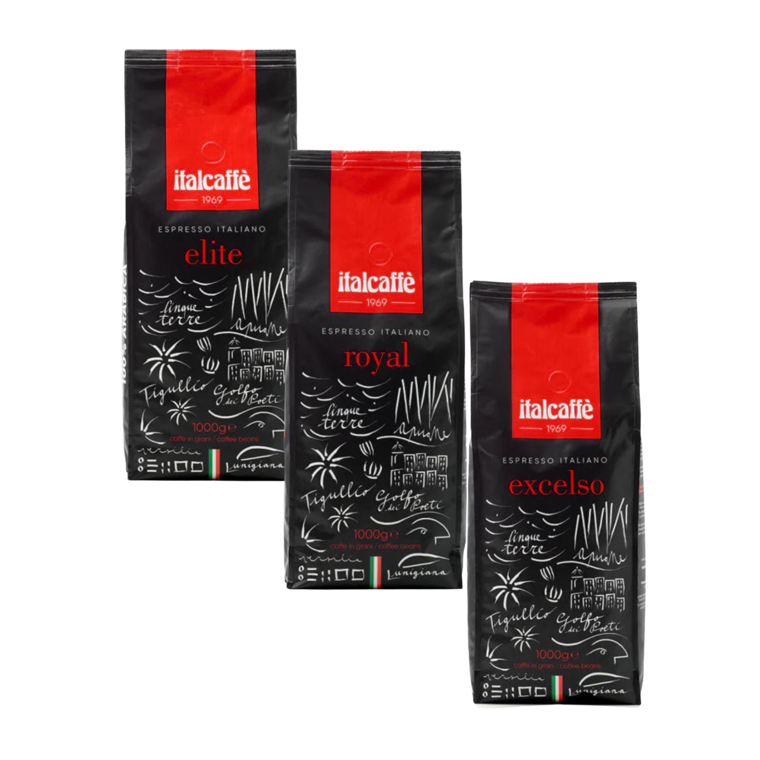 Italcaffe Espresso Beans Variety Pack – Elite, Royal, ExcelsO – 3 x 1kg – Italian Roast – Whole Bean Coffee