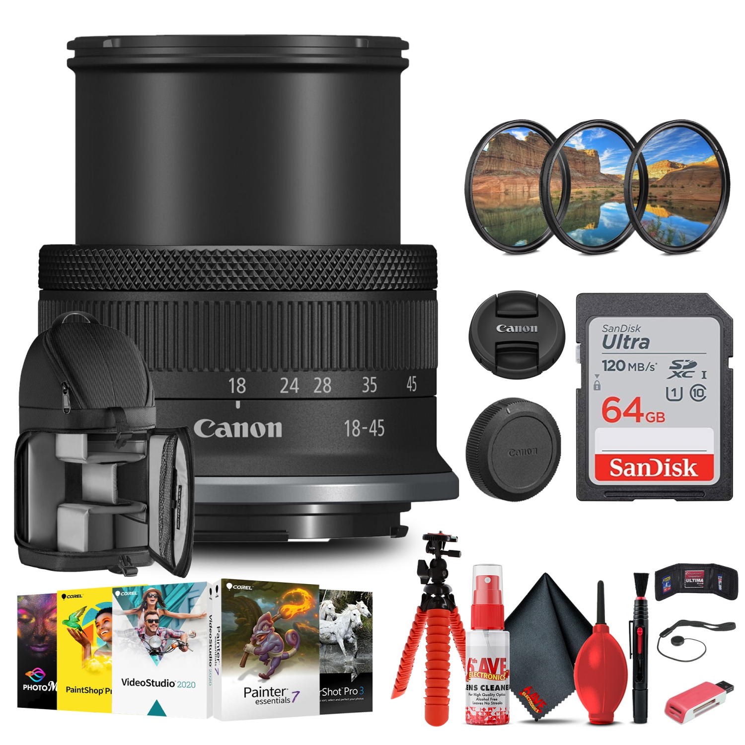 Objectif RF-S 18-45&nbsp;mm f/4,5-6,3 IS STM de Canon avec carte 64&nbsp;Go et plus encore