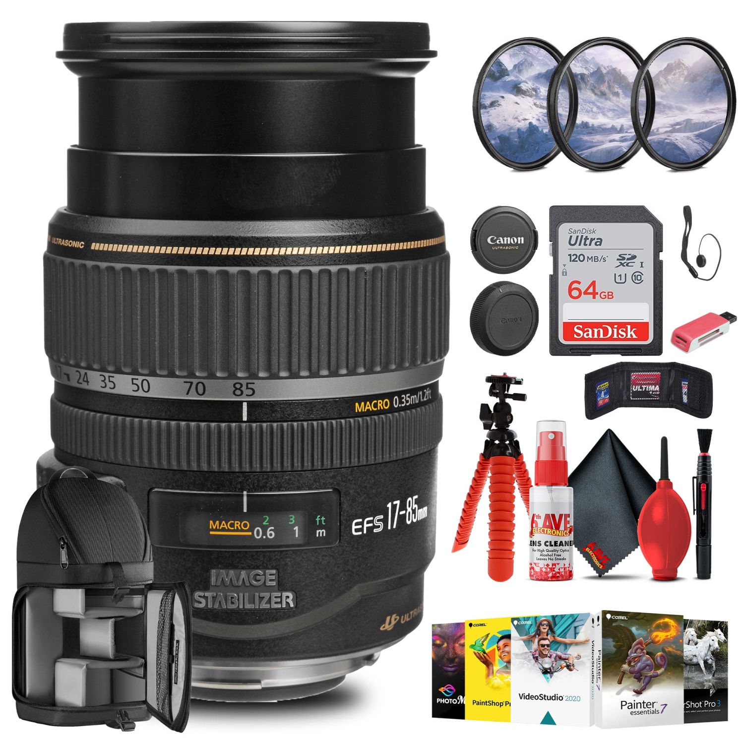 Canon EF-S 17-85mm f/4-5.6 IS USM Lens with Filter kit + Cleaning Kit + More