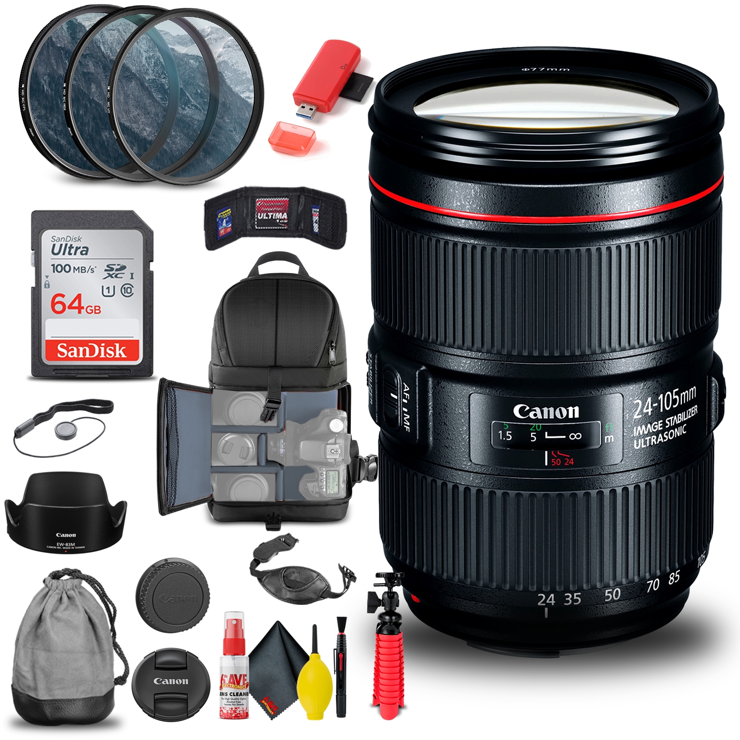 Canon EF 24-105mm f/4L IS II USM Lens + Filter Kit + BackPack Starter Bundle