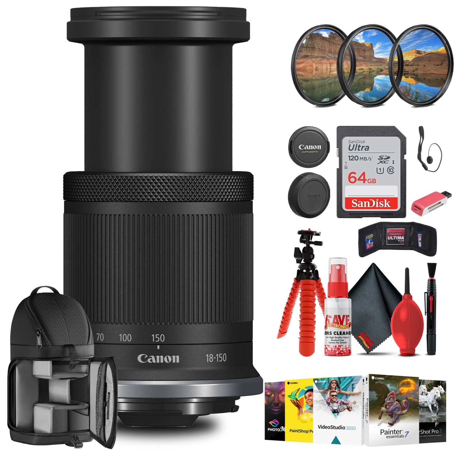 Objectif RF-S 18-150&nbsp;mm f/3,5-6,3 IS STM de Canon avec trousse de filtre + trousse de nettoyage et plus encore