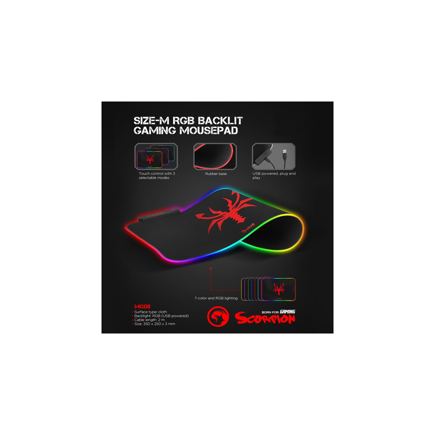 Marvo MG08 Size-M 350 x 250mm RGB Backlit Gaming Mouse Pad