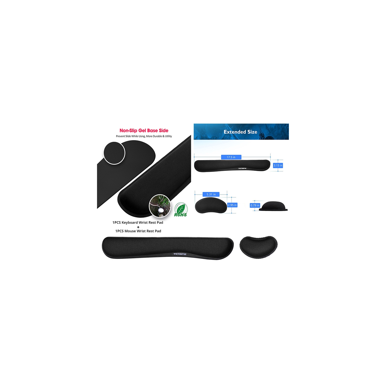 VicTsing 2-in-1 Mouse Keyboard Hand Care Support Comfort Wrist Pad Kit_Black