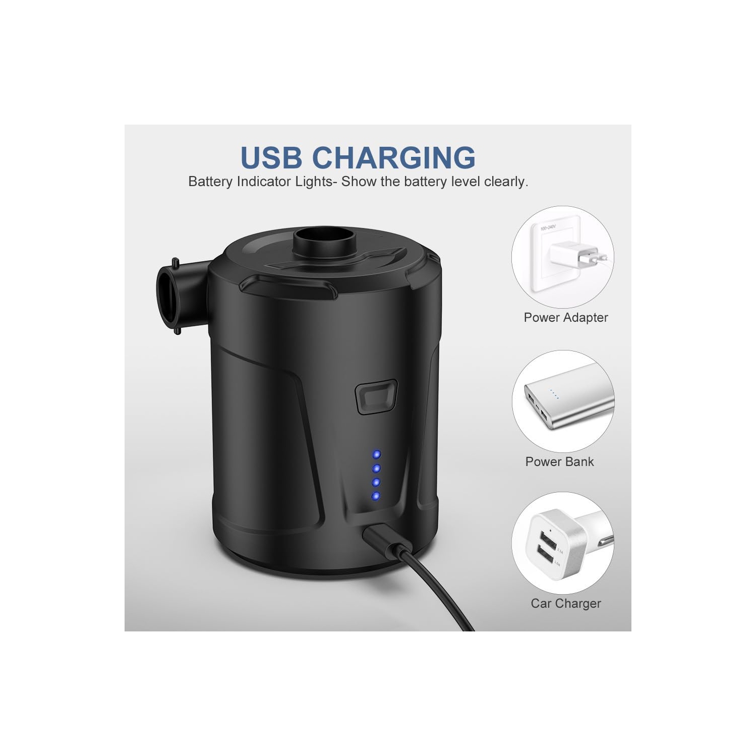 Pompe à air électrique pour produits gonflables avec 3 buses, rechargeable par USB, dégonfleur de remplissage