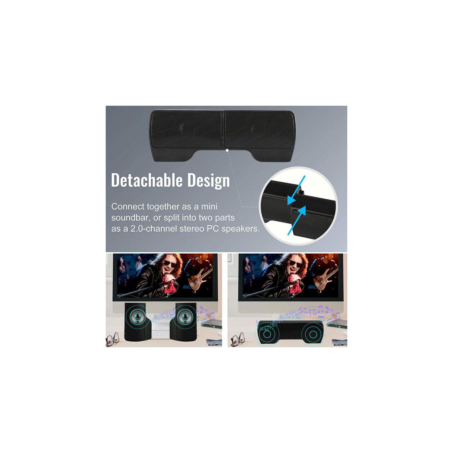 Barre de son à pince pour portable USB Mini Haut-parleur d'ordinateur portatif à pince Haut-parleur d'extrêmes graves Audio portatif à pince