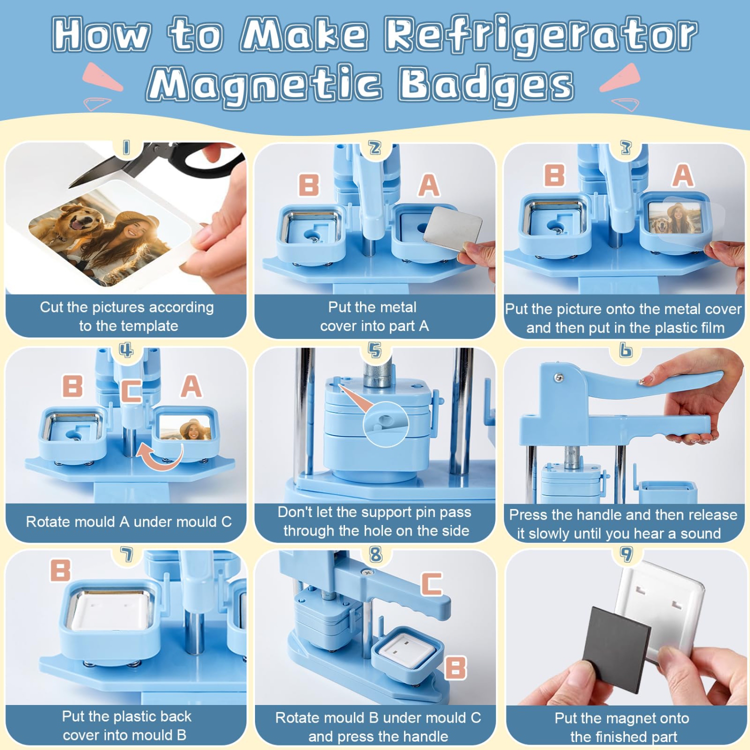 Machine de fabrication d'aimants photo, machine de pressage de boutons pour autocollants magnétiques de réfrigérateur carrés de 2 pouces /