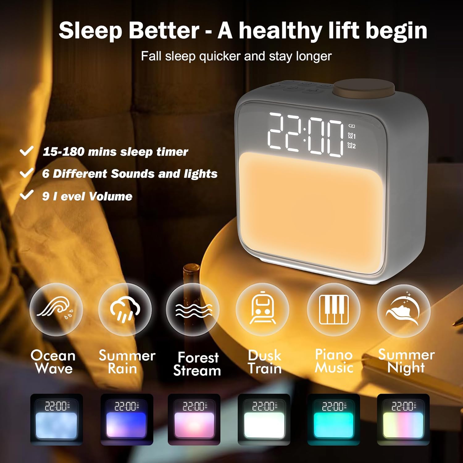 Sunrise Alarm Clocks for Bedroom,Digital Clock with Sound Machine Night Light,Rechargeable Alarm Clock for Kids Heavy Sleepers Teens Living Room