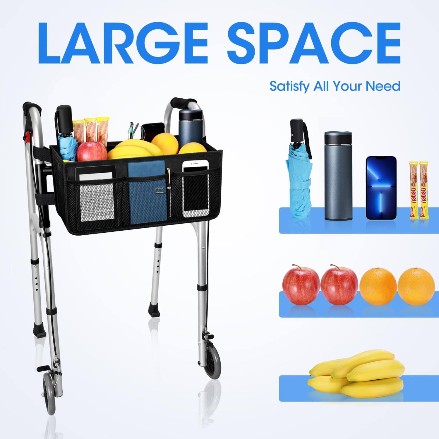 Folding Walker Storage Bag, Walker Storage Basket, Large Capacity Walker Bag Suitable for the Elderly and People with Walking Difficulties