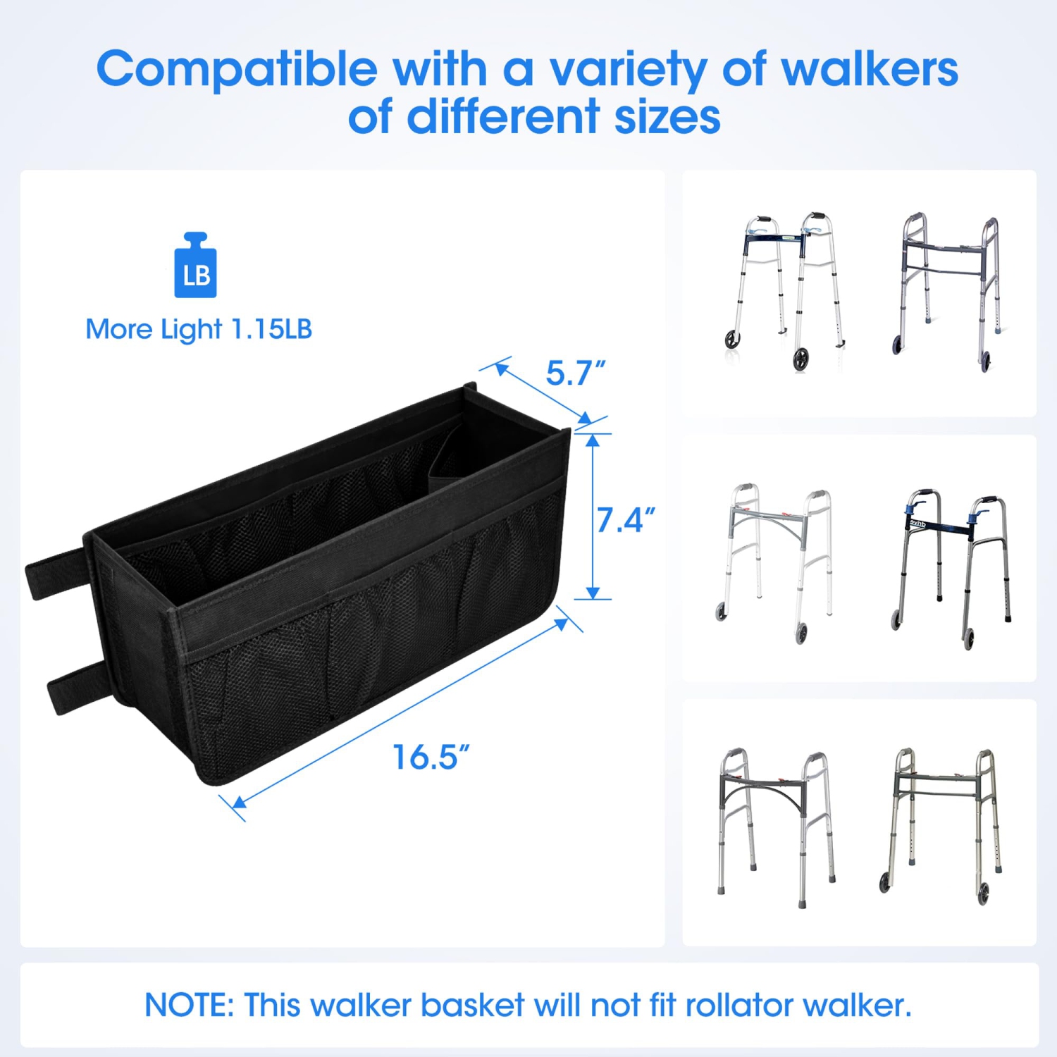 Folding Walker Storage Bag, Walker Storage Basket, Large Capacity Walker Bag Suitable for the Elderly and People with Walking Difficulties