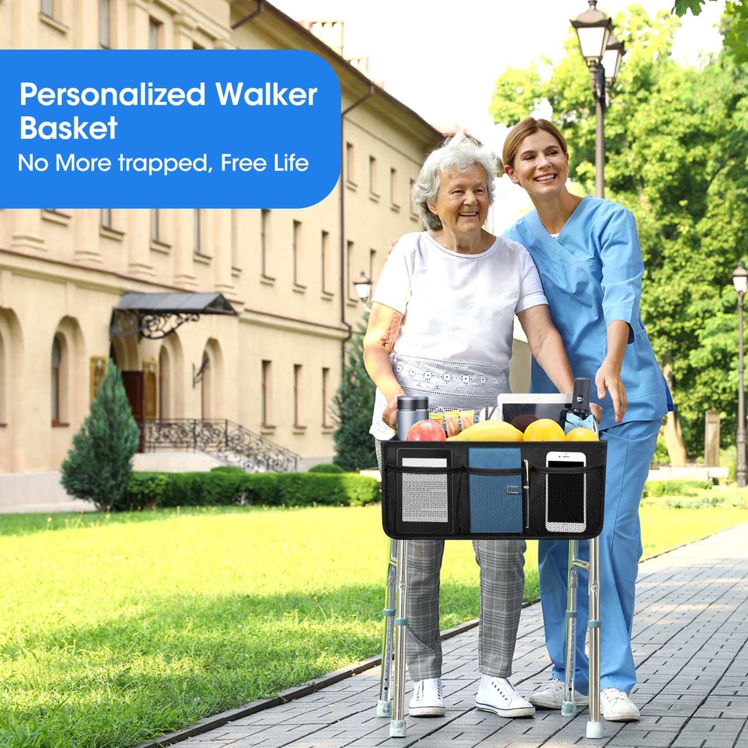 Folding Walker Storage Bag, Walker Storage Basket, Large Capacity Walker Bag Suitable for the Elderly and People with Walking Difficulties