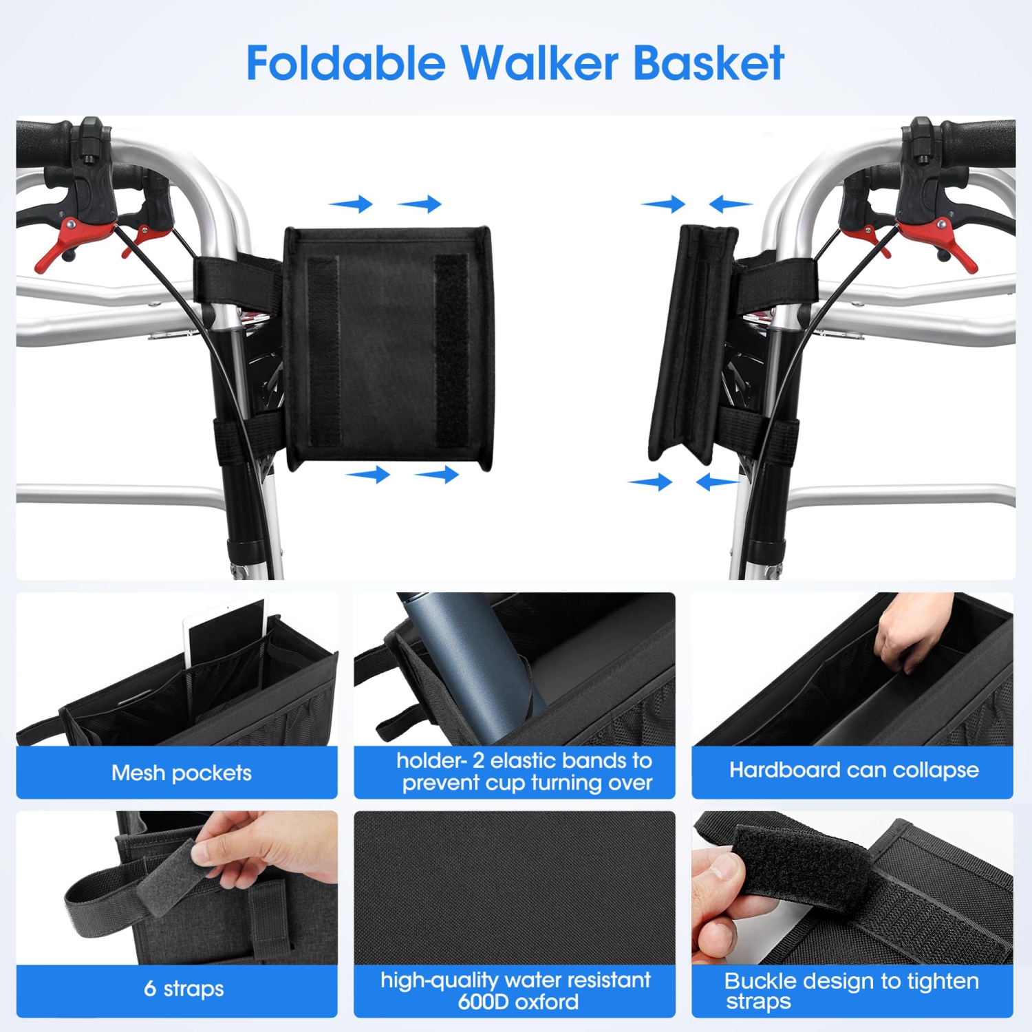 Folding Walker Storage Bag, Walker Storage Basket, Large Capacity Walker Bag Suitable for the Elderly and People with Walking Difficulties