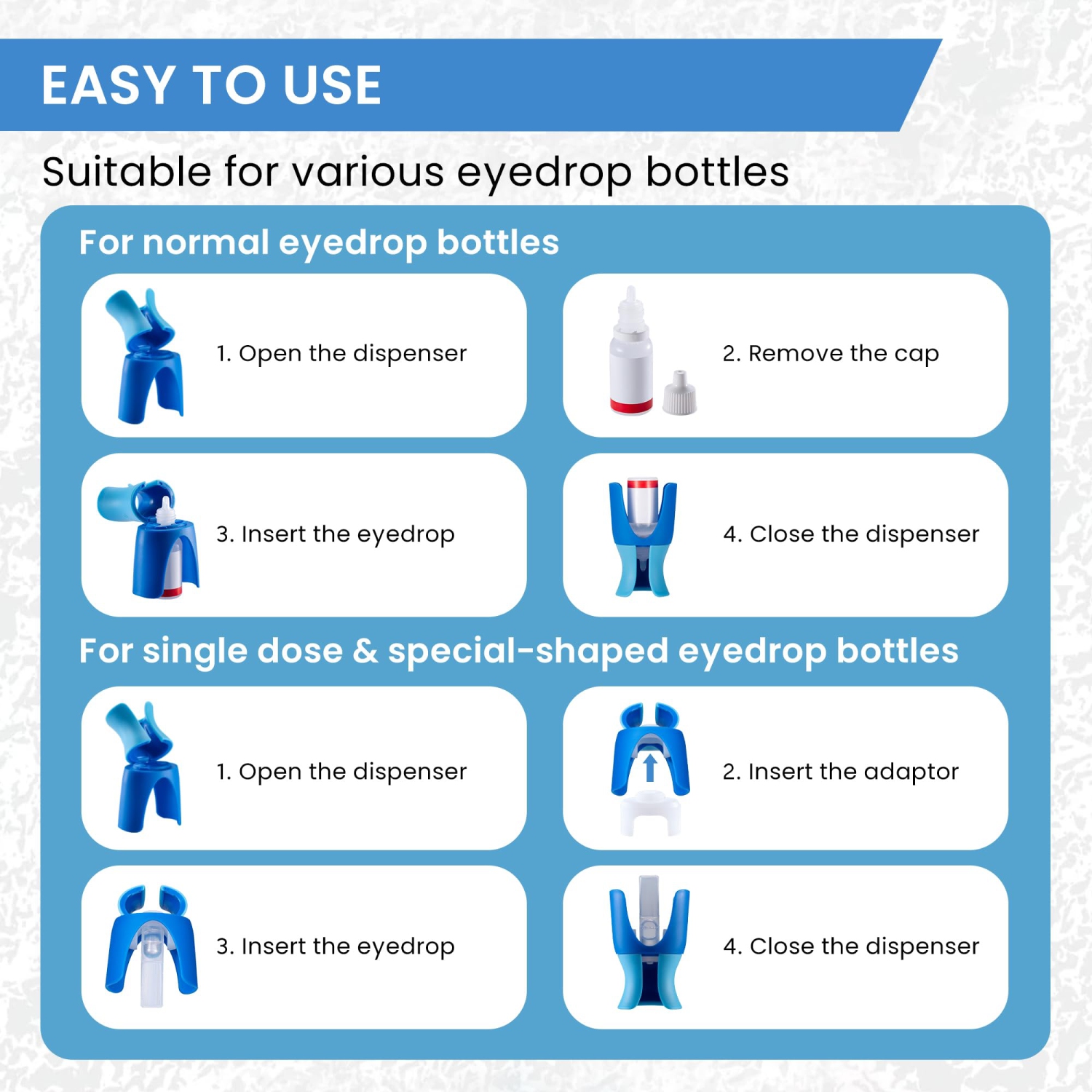 Distributeur de bouteille Eye Drop, applicateur réutilisable de gouttes oculaires, aide-gouttes pour les yeux, convient aux personnes âgées et aux