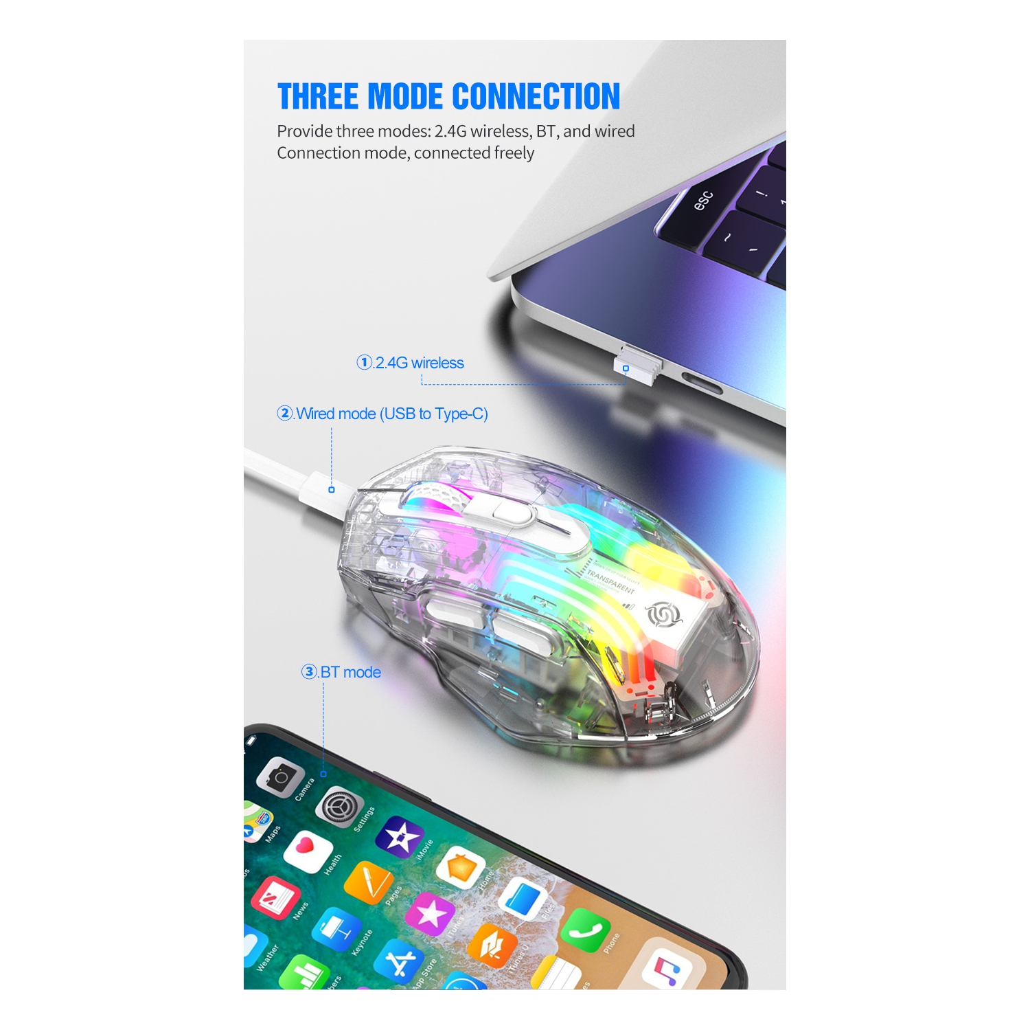 BM530 Wireless Tri-Mode RGB Bluetooth 2.4G Rechargeable Gaming Mouse with Quiet Click and USB Charging Cable - BM530 White Tri-Mode Mouse