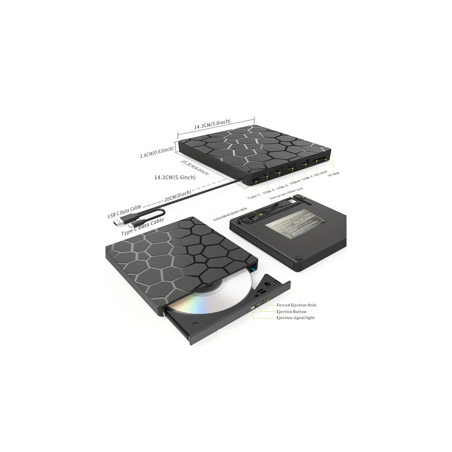 7-in-1 external optical drive DVD burner, multi-function USB3.0 interface, can be connected to an external USB flash drive for expansion - black