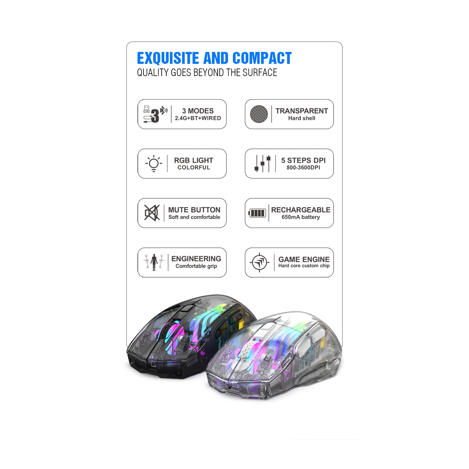 BM530 Wireless Tri-Mode RGB Bluetooth 2.4G Rechargeable Gaming Mouse with Quiet Click and USB Charging Cable - BM530 Black Tri-Mode Mouse
