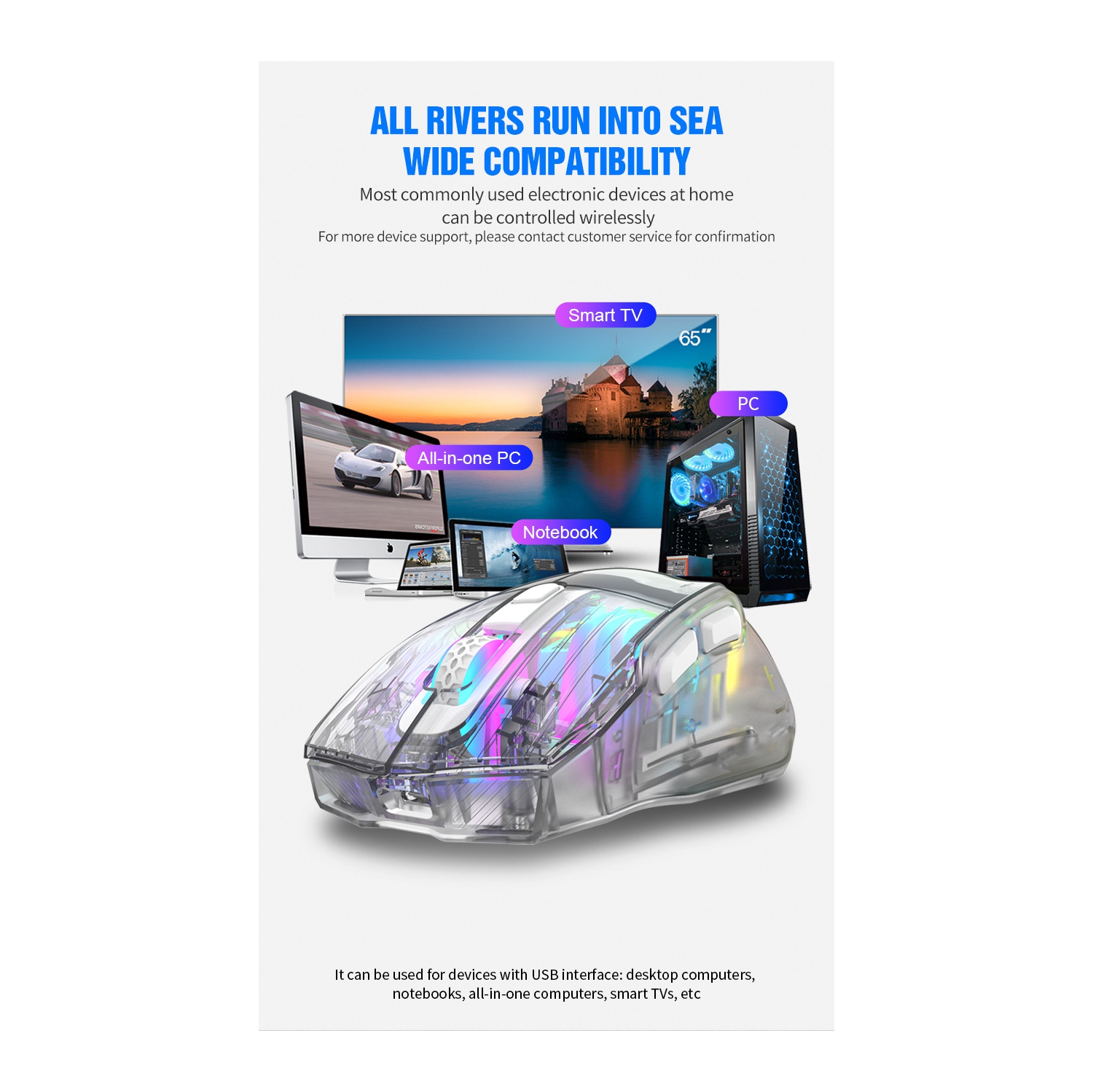 BM530 Wireless Tri-Mode RGB Bluetooth 2.4G Rechargeable Gaming Mouse with Quiet Click and USB Charging Cable - BM530 Black Tri-Mode Mouse