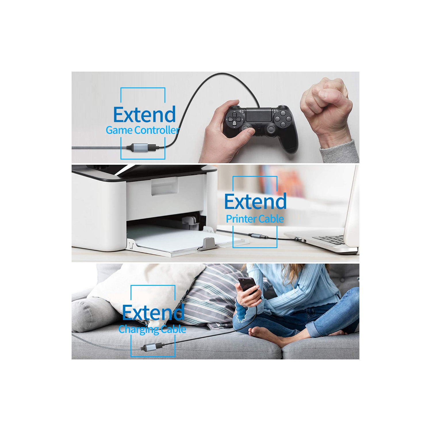 USB 3,0 mâle à femelle Câble de données USB Disque Souris Clavier Souris de jeu PS4 Console de jeu PS5 Câble rallonge de recharge - 1 m gris