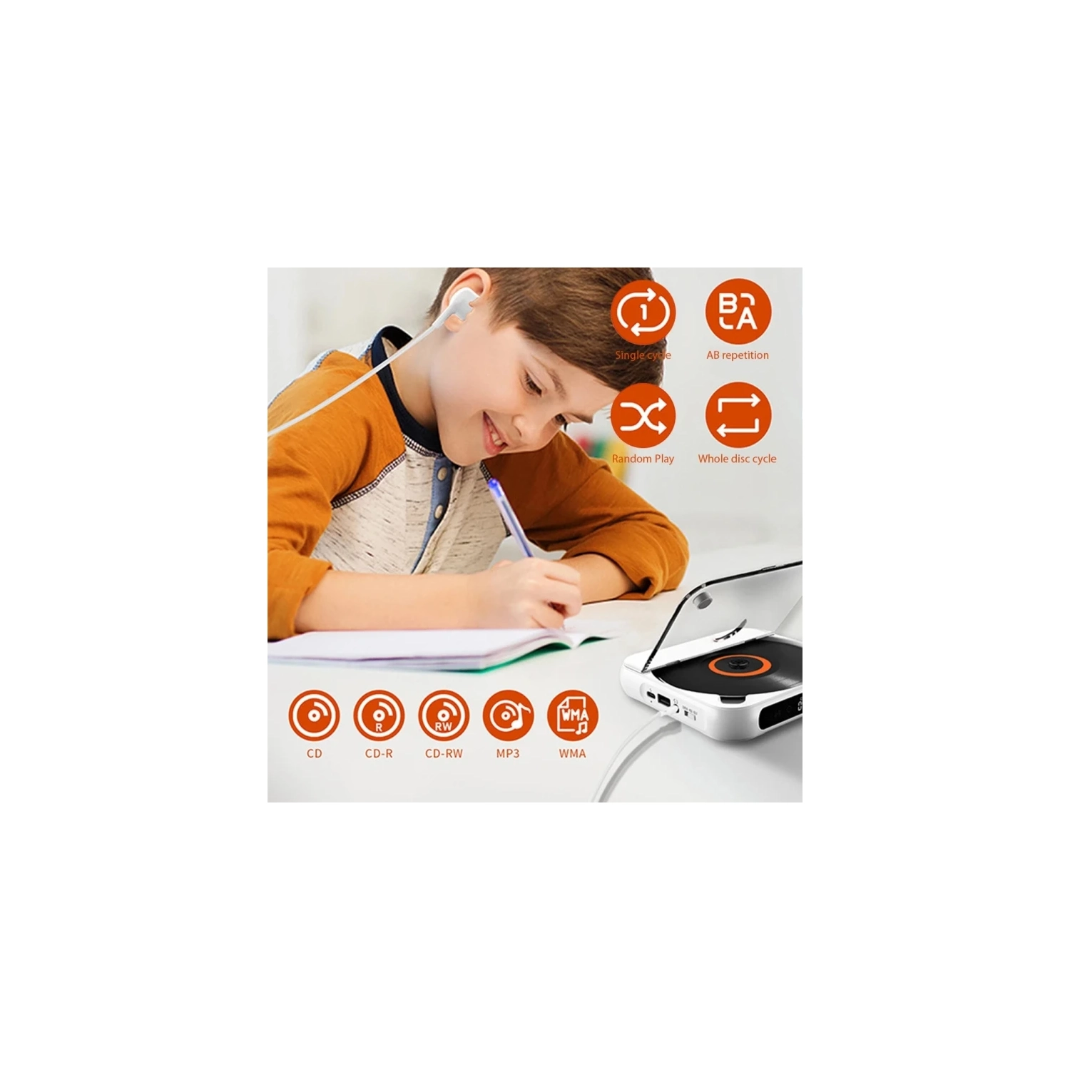 Mini lecteur CD portatif, lecteur d'album, haut-parleur, répéteur pour l'enseignement précoce, lecteur CD Bluetooth sans fil à domicile, format 5DC -