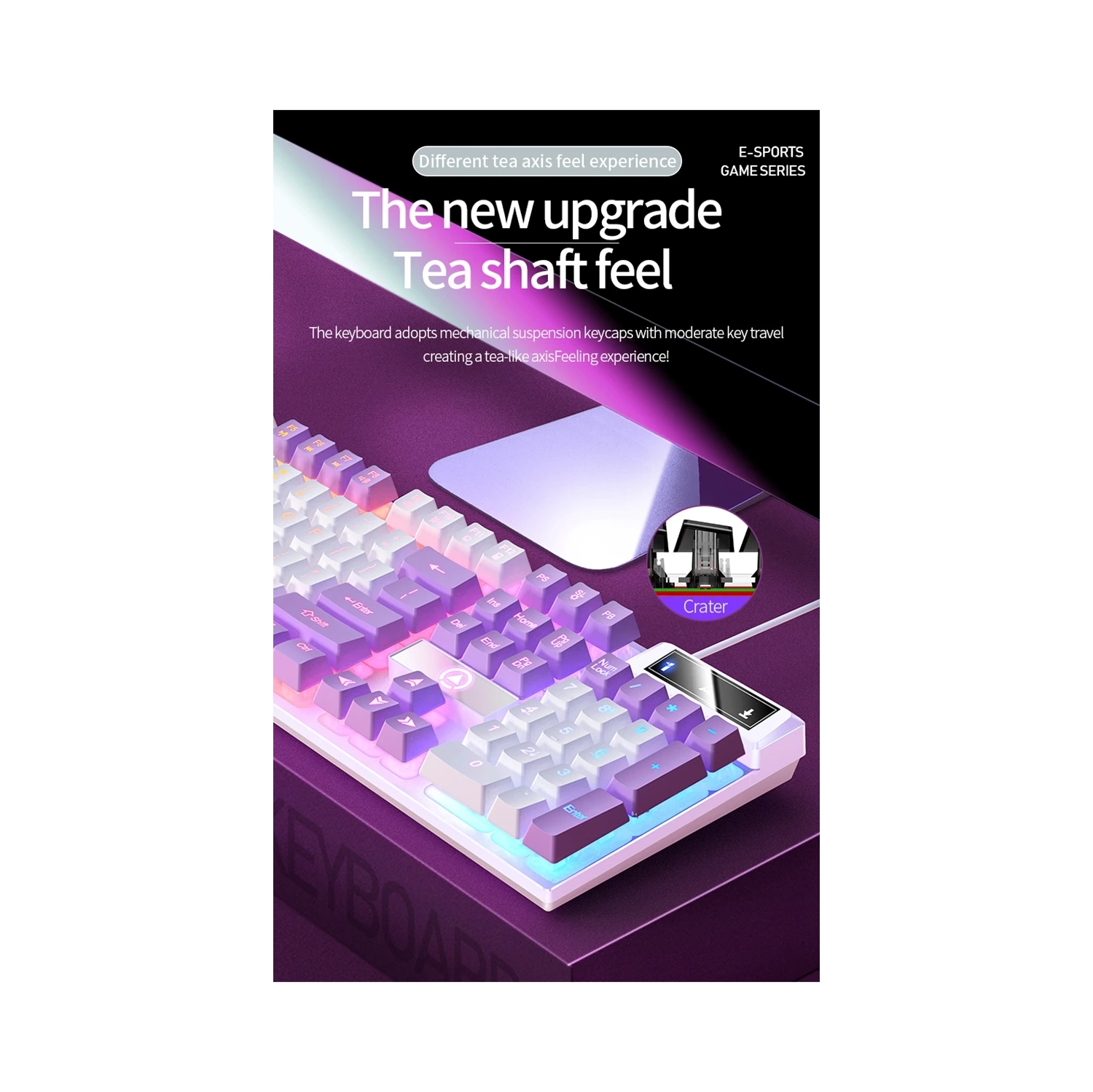 Gaming wired keyboard mixed color luminous mechanical feel desktop computer accessories 104-key RGB backlight-purple-white