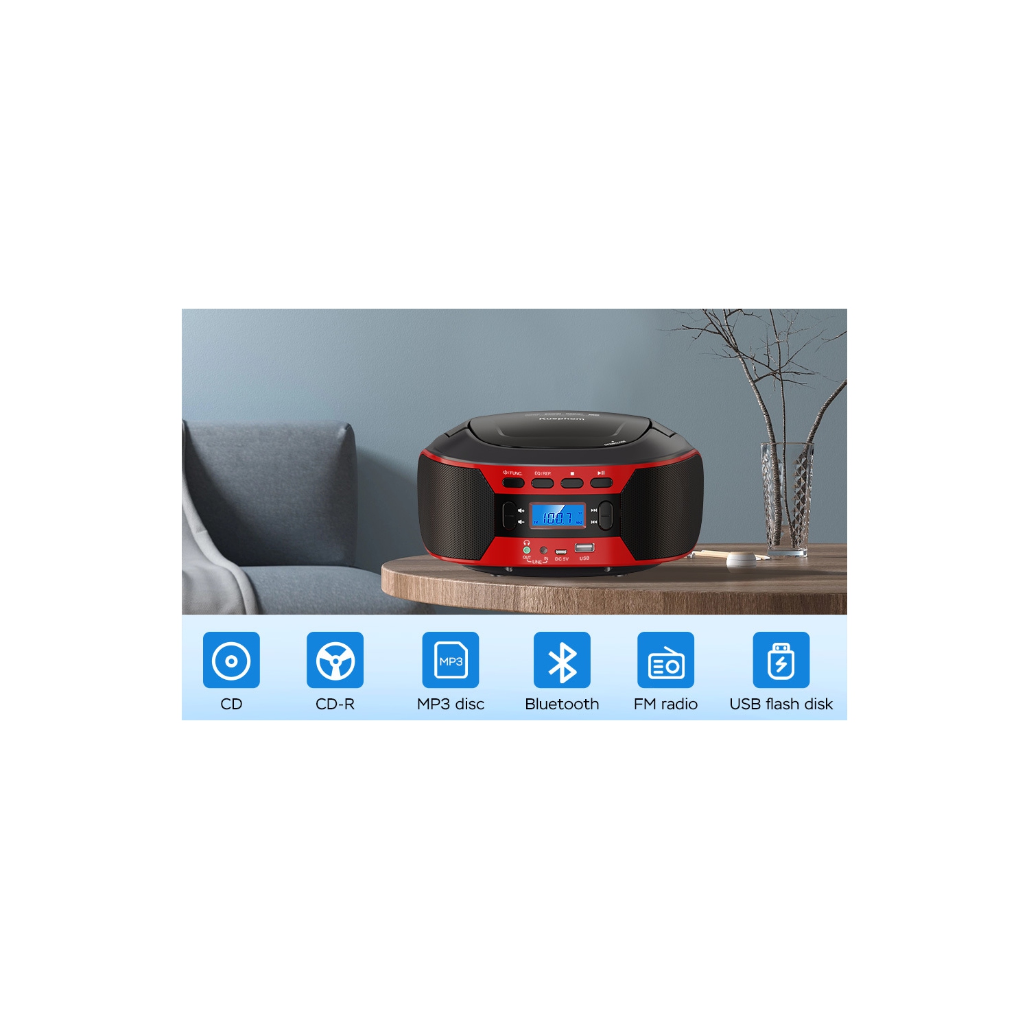 Lecteur CD portatif Boombox Home Lecteur CD FM Bluetooth Matrice de pain Écran interface RCA - Noir