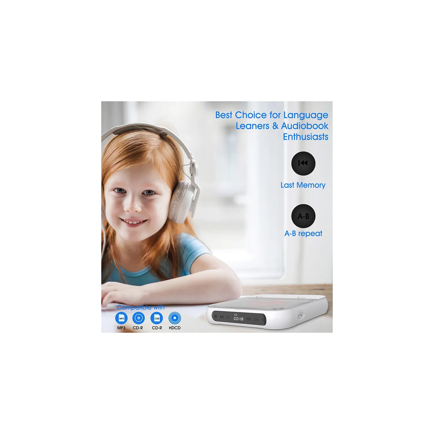 Portable mini CD player, album player, speaker, student English early education repeater, home wireless Bluetooth CD player, 5CD format - fruit green