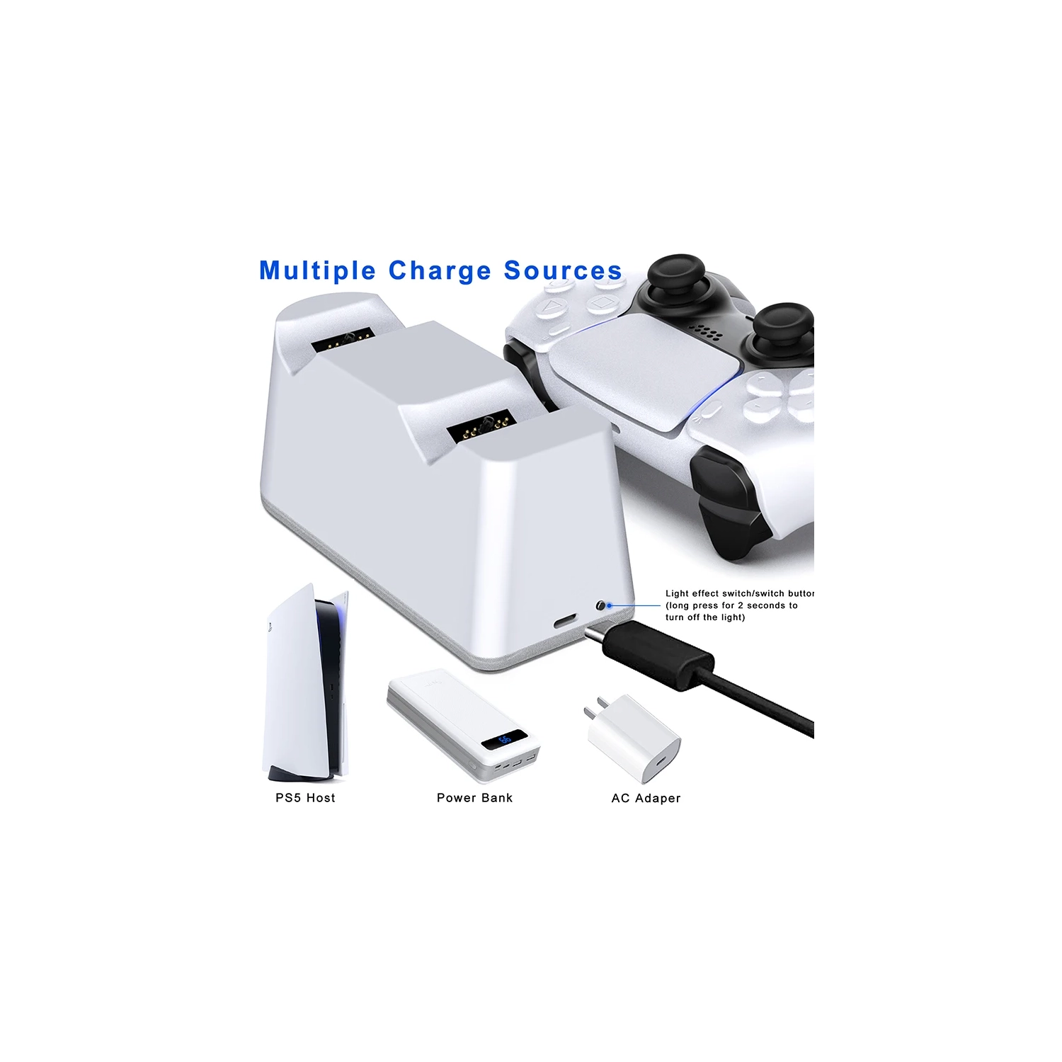 Chargeur de manette SLIM PRO de PS5 Base lumineuse RVB double station de chargement rapide des périphériques de jeu