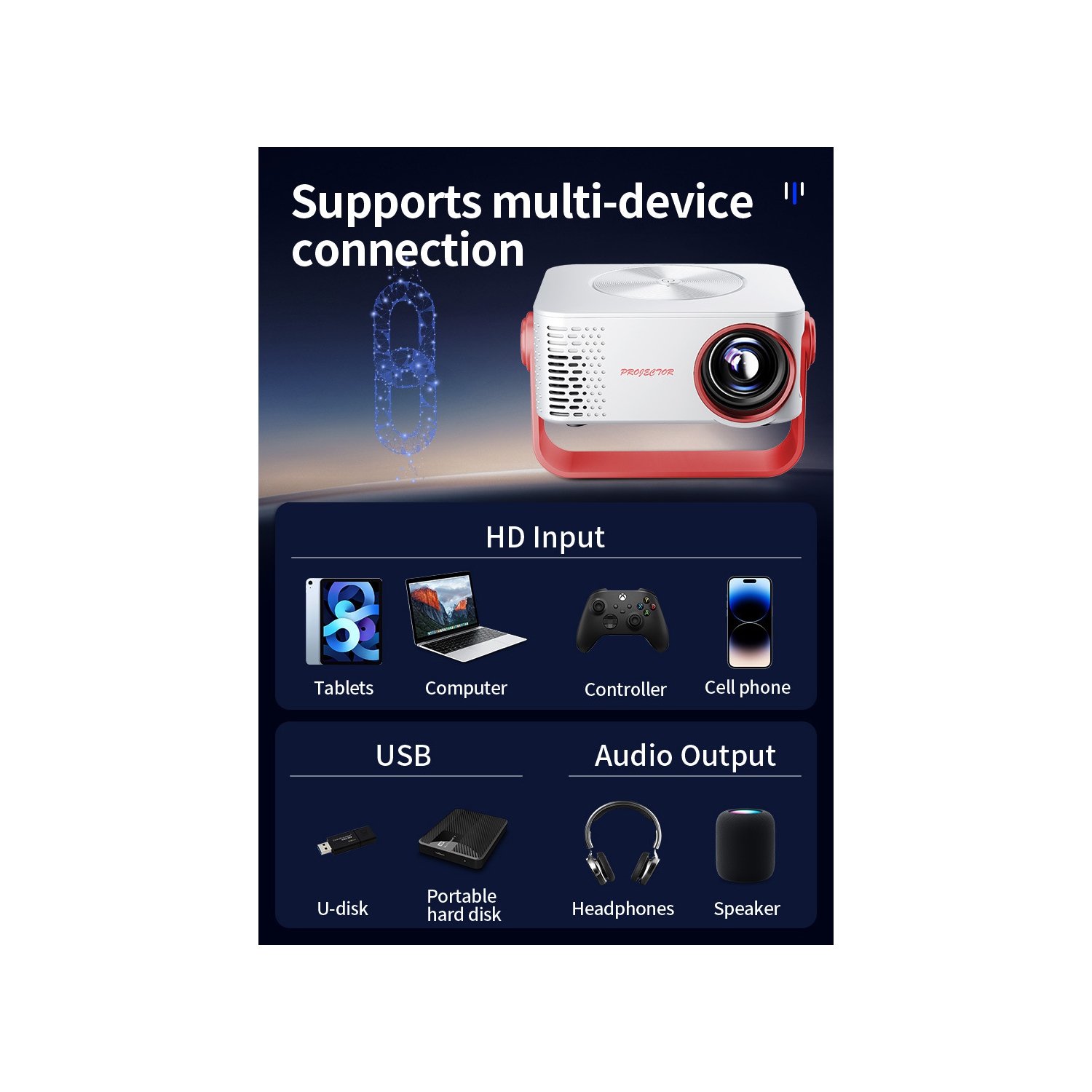 Home HD Portable Support 1080p Chargeur portable Mini projecteur de cinéma maison portatif d'extérieur - Noir