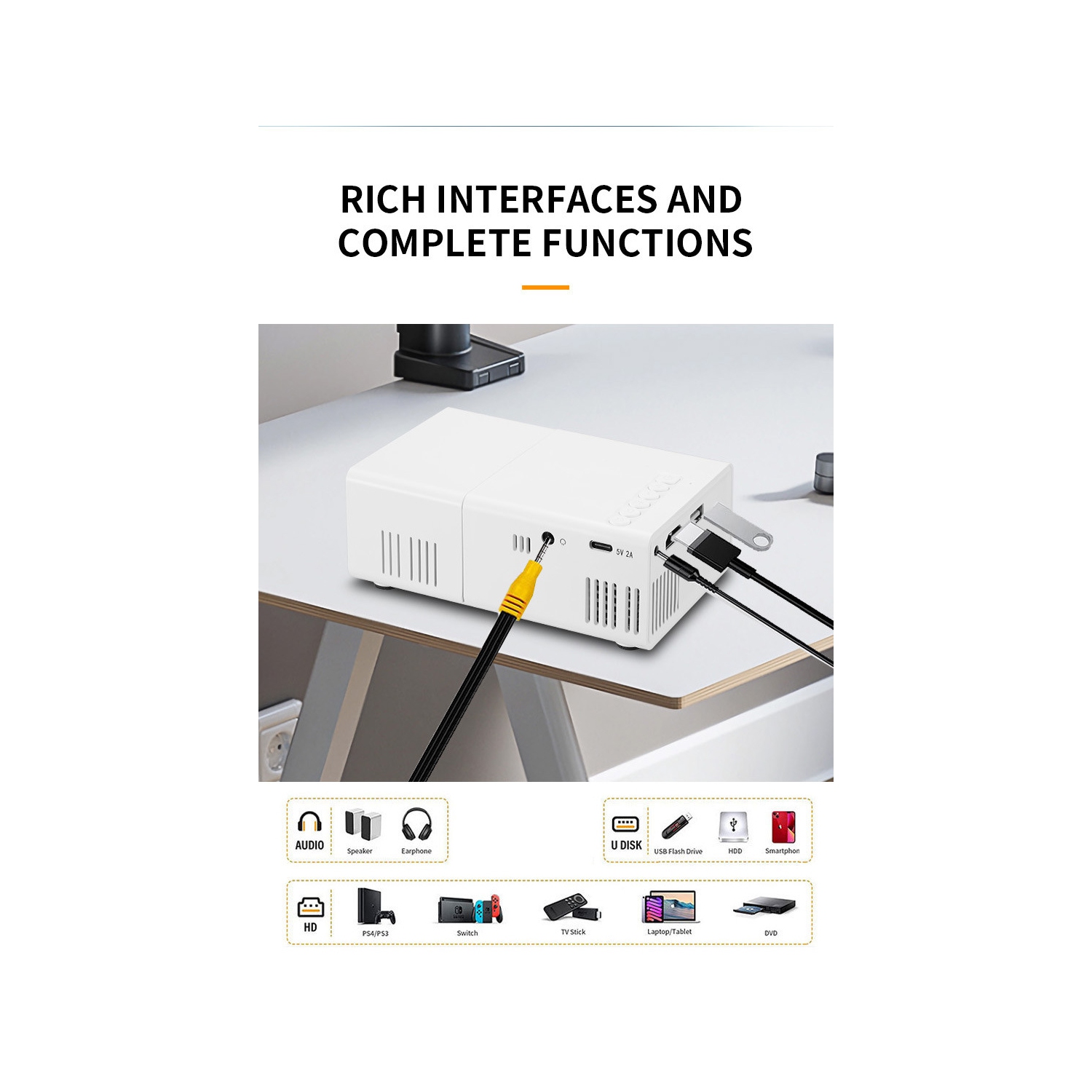 Nouveau Mini projecteur Home HD 1080PLED Portable Projecteur Téléphone portable Même écran - Blanc