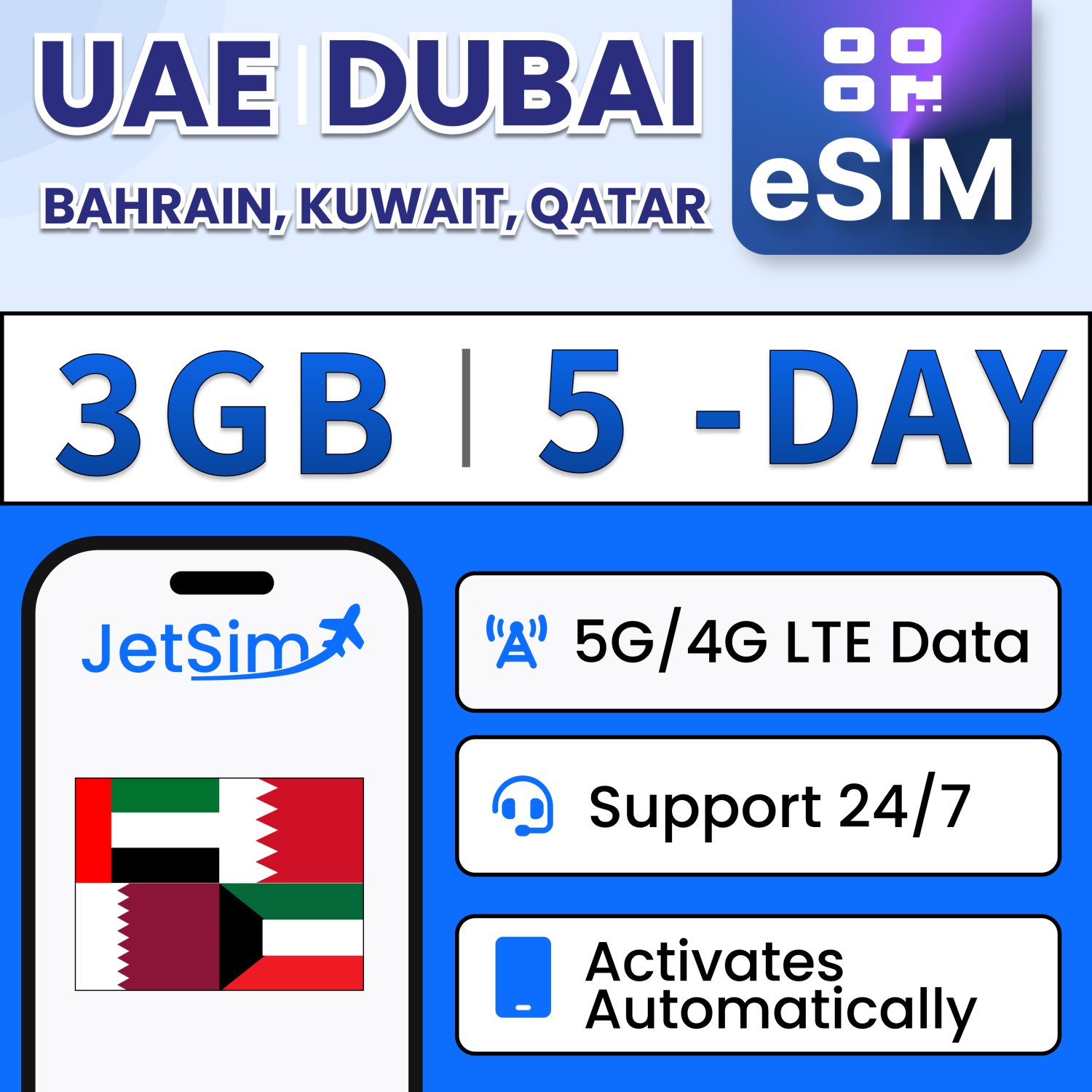 Carte SIM de Dubai code QR pour 5 jours de 3&nbsp;Go données LTE haute vitesse + données de base illimitées pour UAE Dubai, Bahrain, Koweït, Qatar |