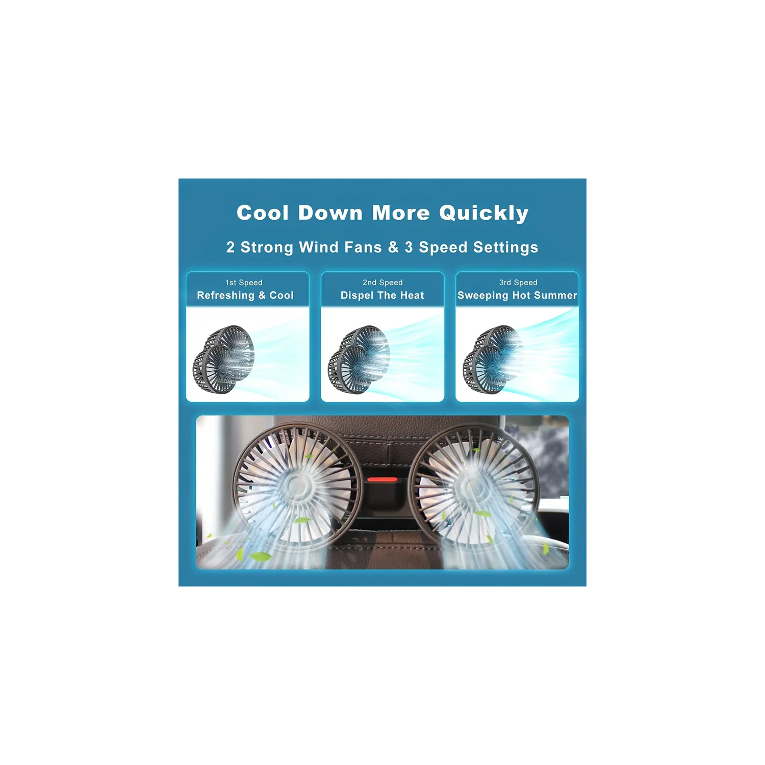 Ventilateur de siège arrière de voiture : Rotation sur 360°, 3 vitesses réglables, mini ventilateur USB puissant pour caravane de bateau de VR