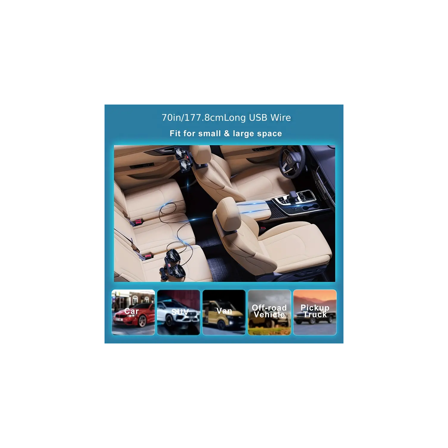 Ventilateur de siège arrière de voiture : Rotation sur 360°, 3 vitesses réglables, mini ventilateur USB puissant pour caravane de bateau de VR