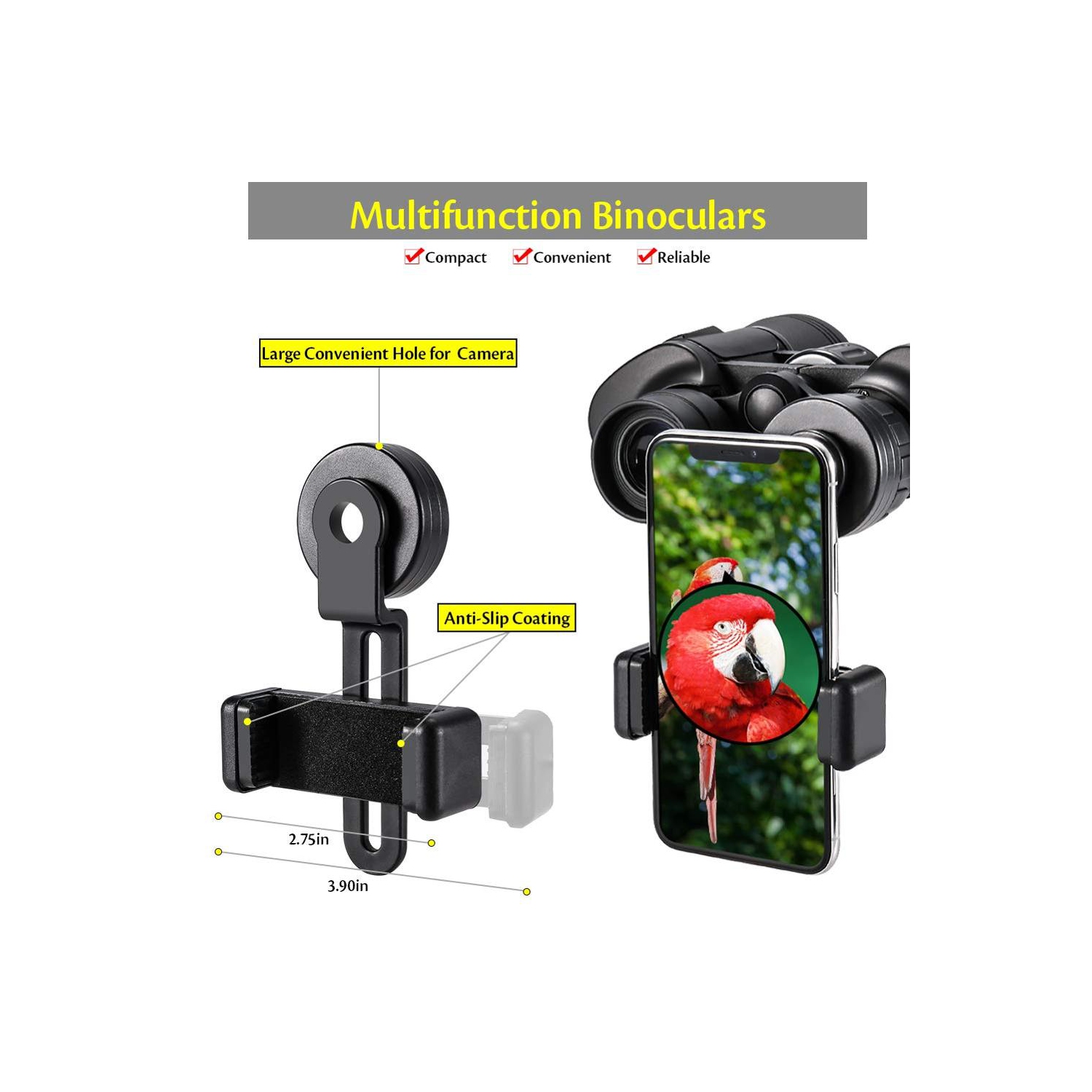 Jumelles 20 x 50 pour adultes résistantes à la buée et à l'eau, jumelles avec adaptateur pour téléphone pour la chasse, l'observation des oiseaux et