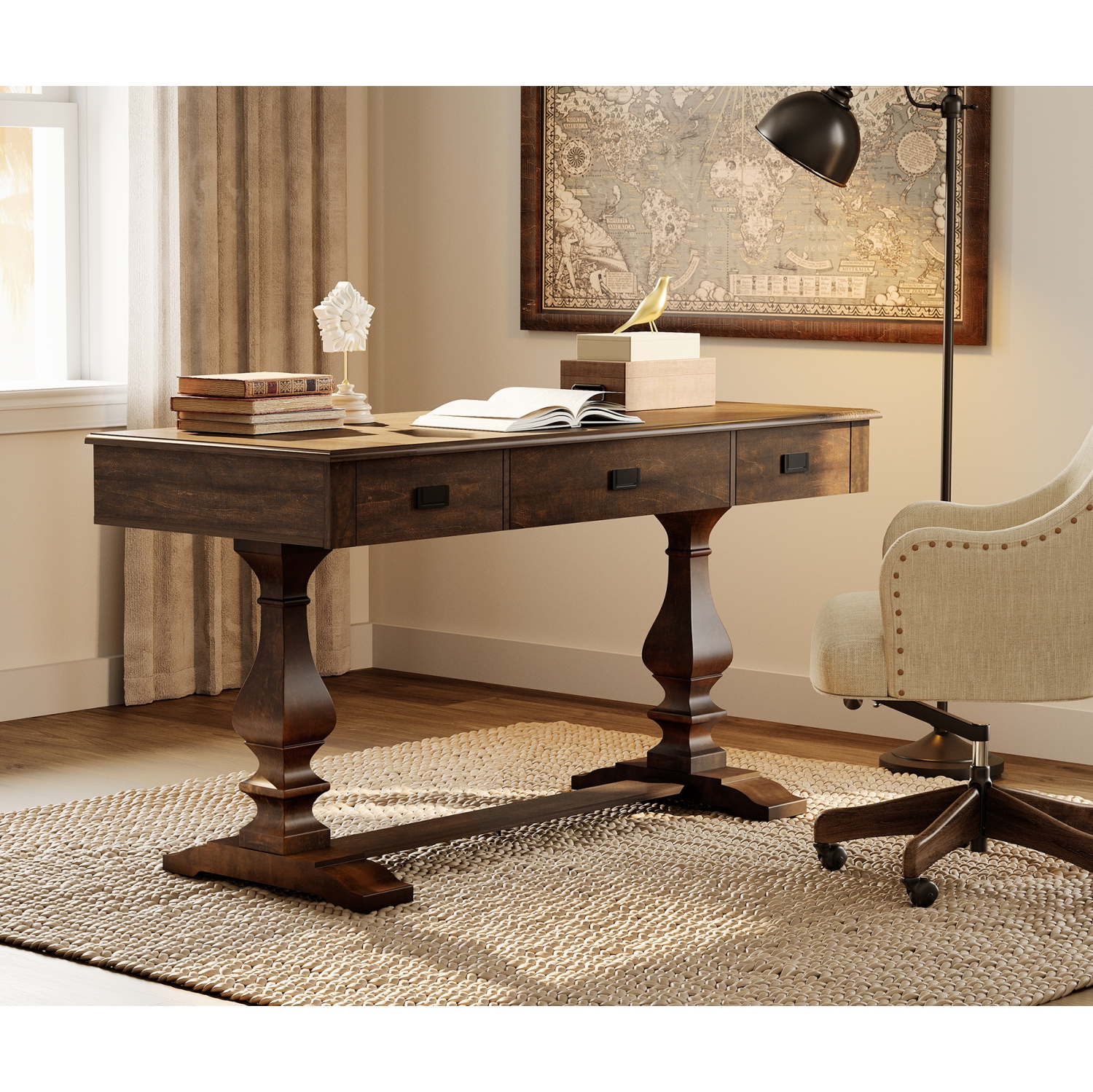 WAMAPT 59 inch Executive Desk with 3 Drawers, Farmhouse Modern Large Office Computer Desk with Charging Station, Wooden Study Writing Table for Home