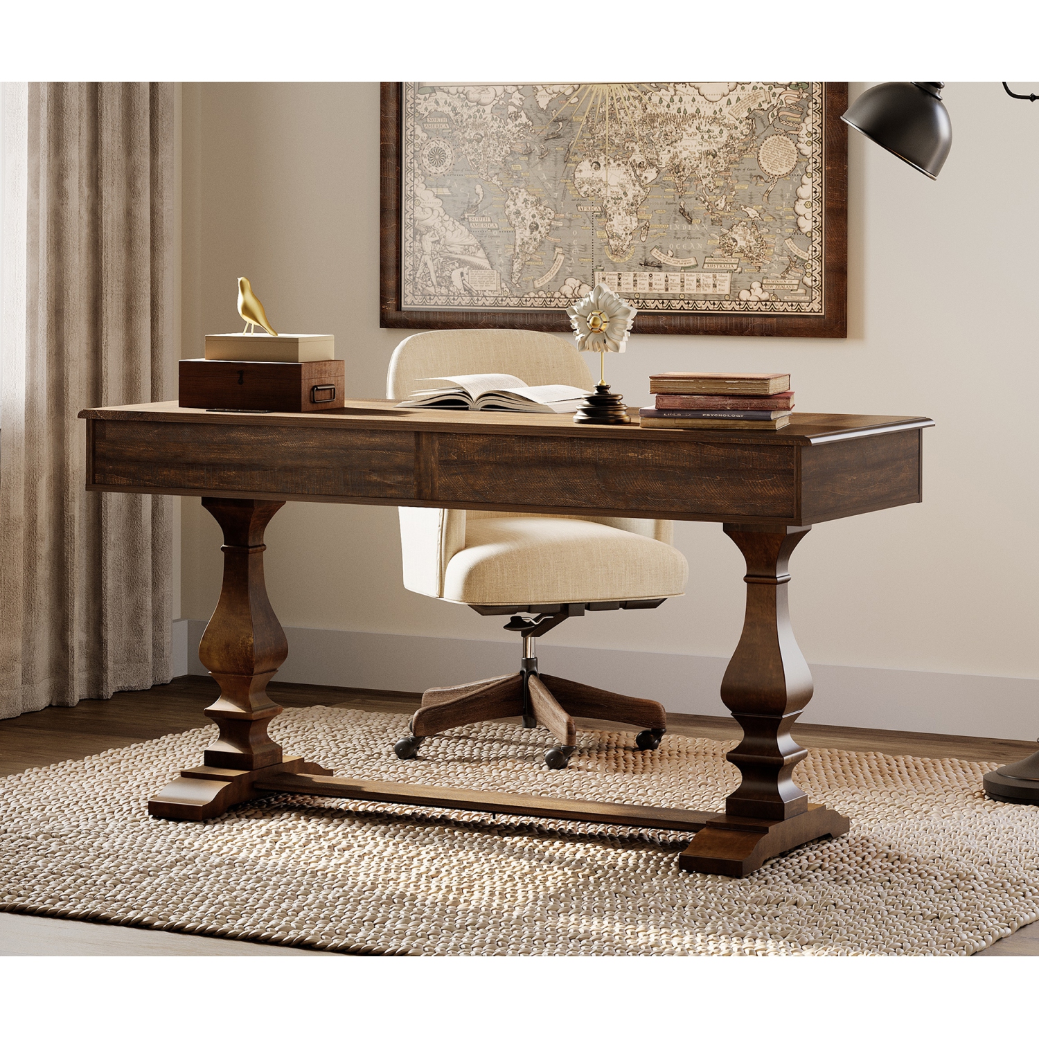 WAMAPT 59 inch Executive Desk with 3 Drawers, Farmhouse Modern Large Office Computer Desk with Charging Station, Wooden Study Writing Table for Home