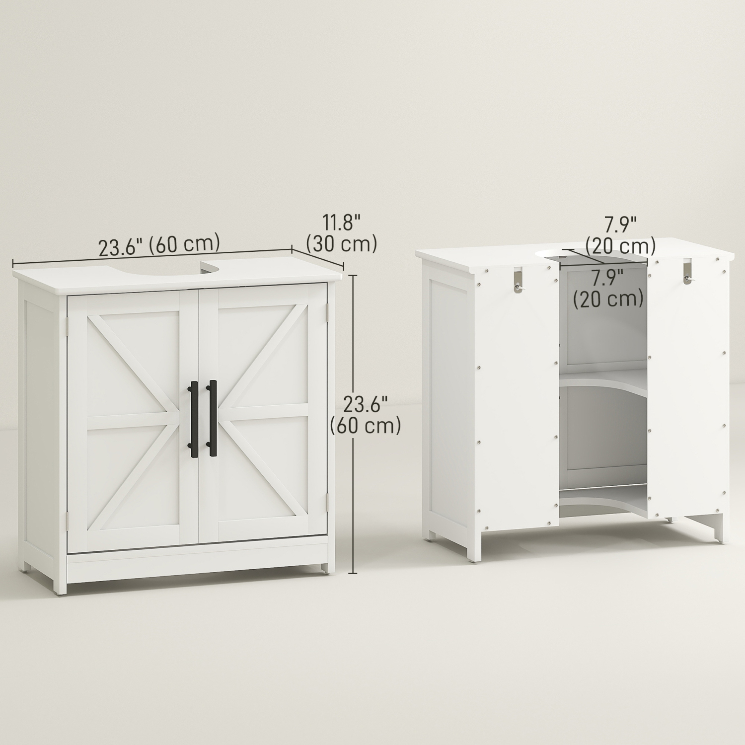 HOMCOM Pedestal Sink Storage Cabinet, Farmhouse Freestanding Bathroom Vanity Cabinet with 2 Barn Doors and Adjustable Shelf, White