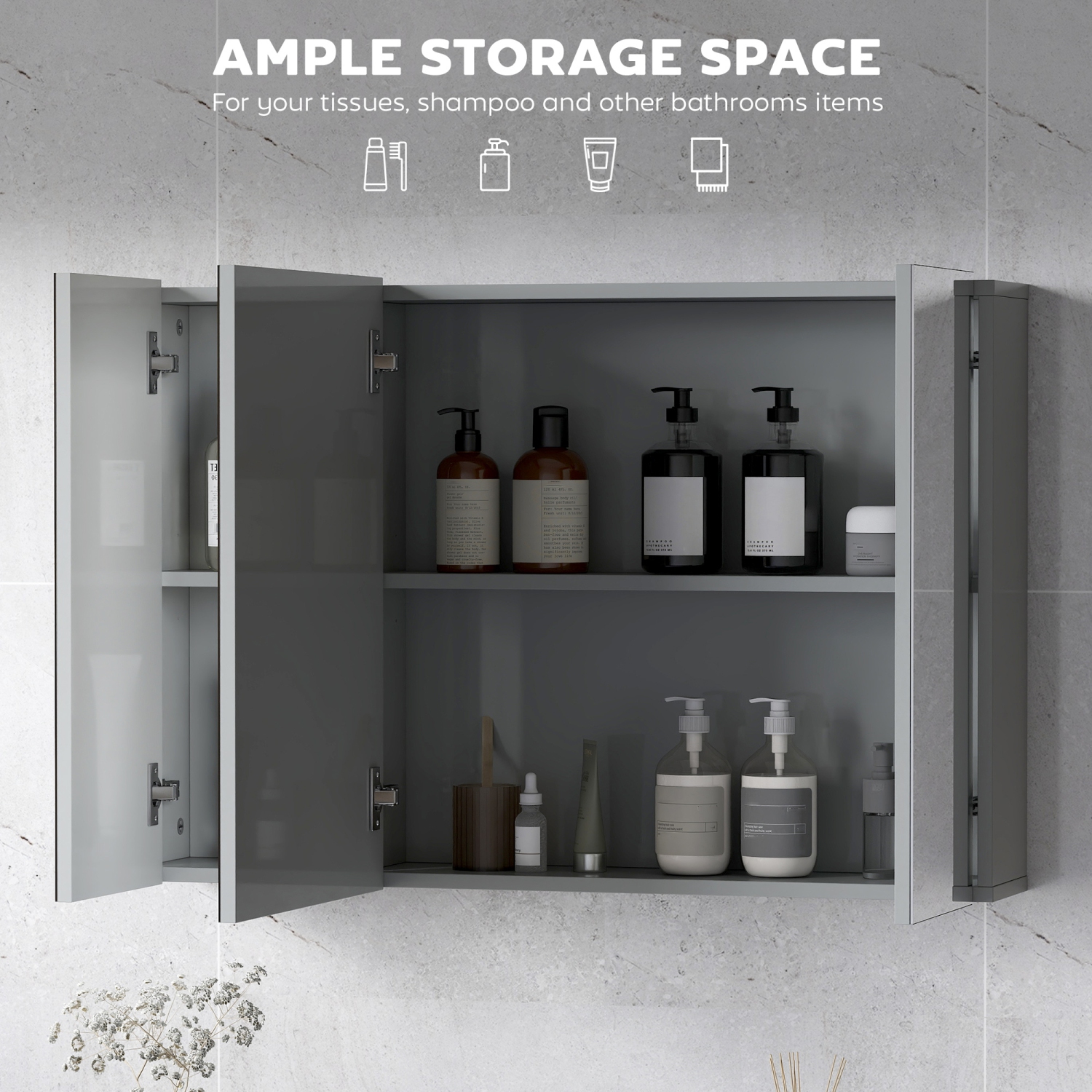 Armoire à pharmacie kleankin de 35 x 24&nbsp;po, miroir mural pour salle de bain avec portes miroir, tablettes ajustables, gris