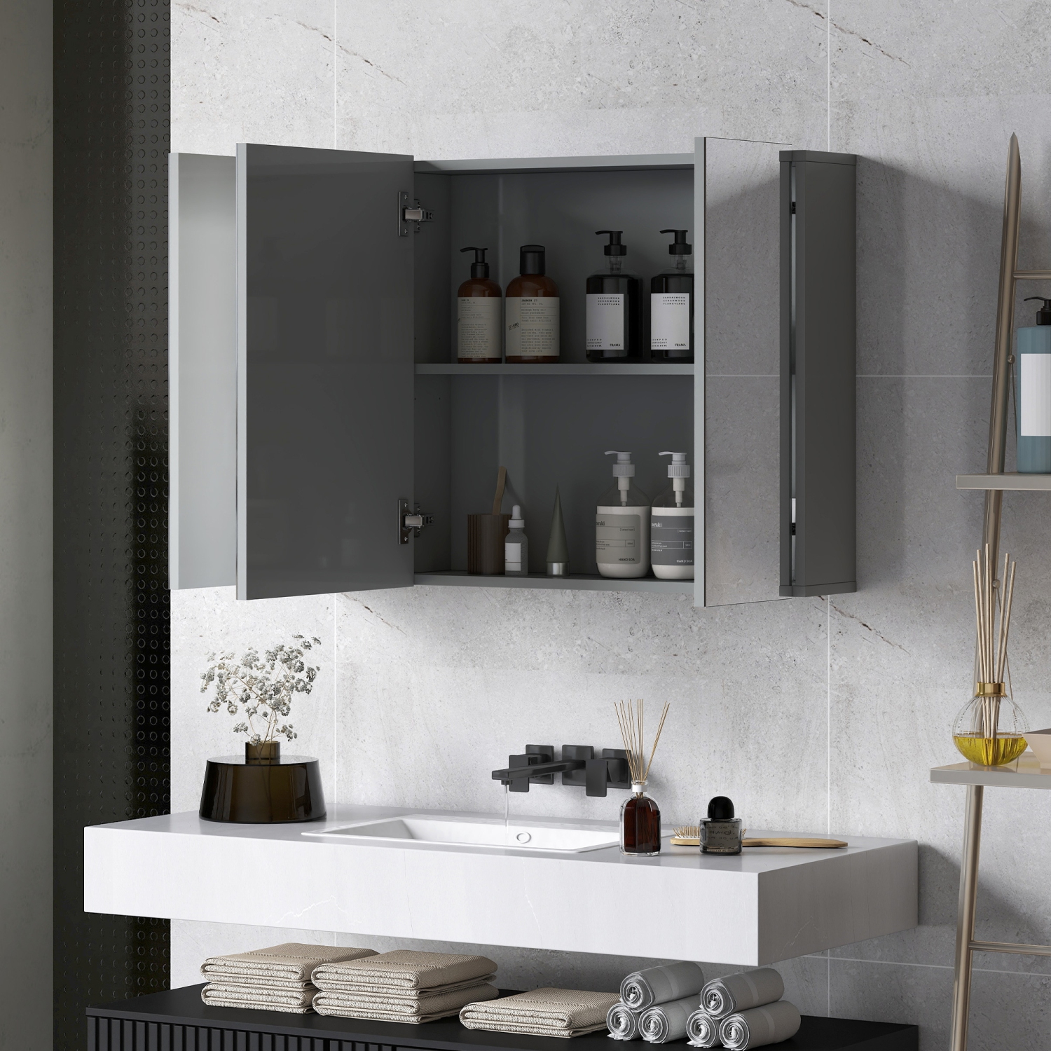 Armoire à pharmacie kleankin de 35 x 24&nbsp;po, miroir mural pour salle de bain avec portes miroir, tablettes ajustables, gris