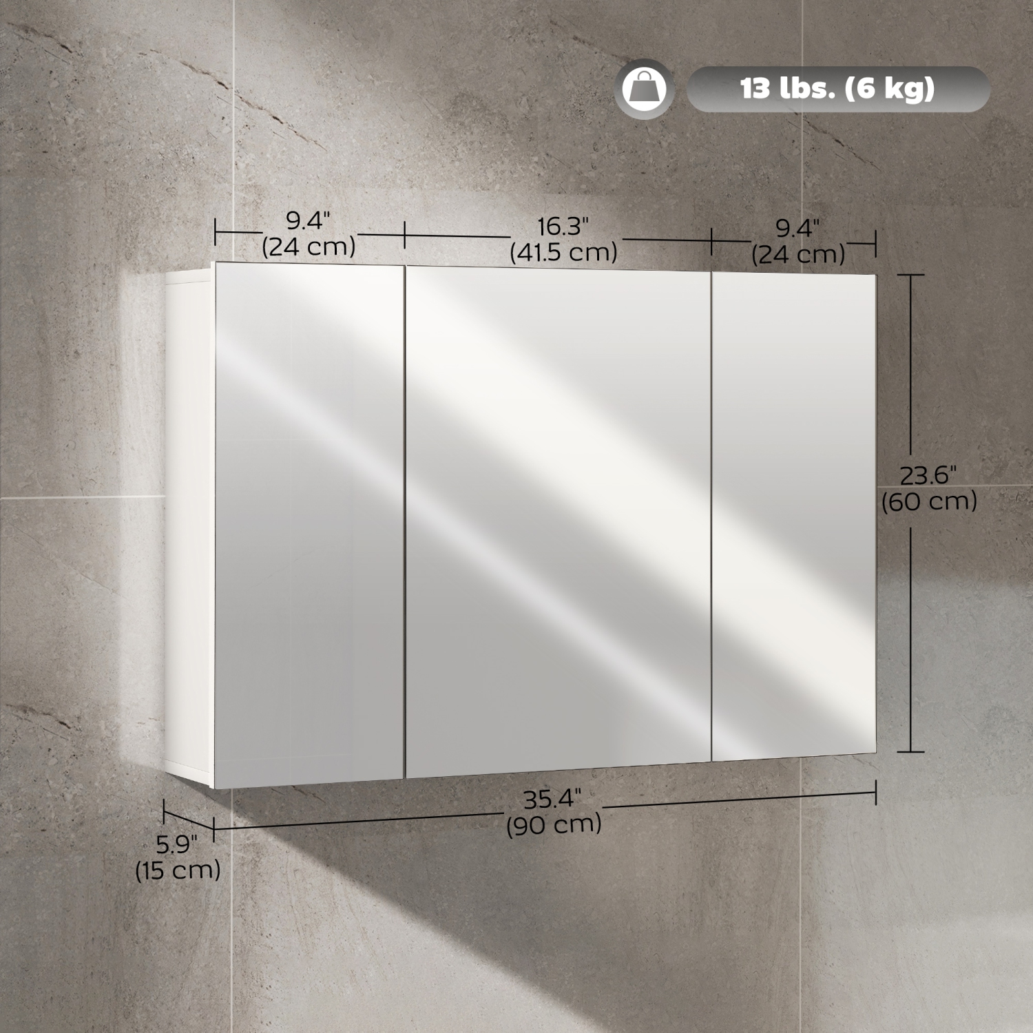 kleankin 35" x 24" Medicine Cabinet, Wall Mounted Bathroom Mirror Cabinet with Mirrored Doors, Adjustable Shelves, White