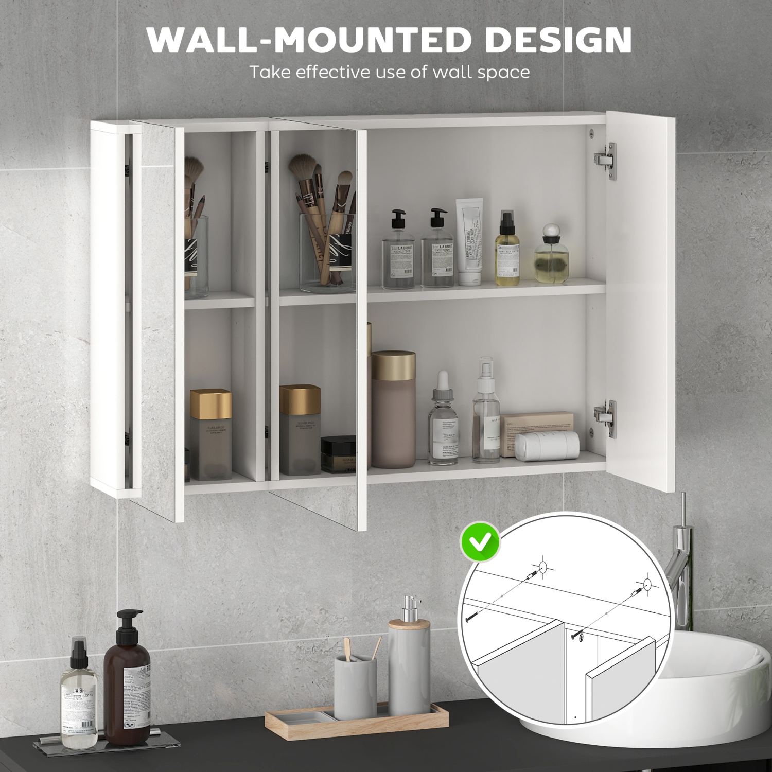 kleankin 35" x 24" Medicine Cabinet, Wall Mounted Bathroom Mirror Cabinet with Mirrored Doors, Adjustable Shelves, White