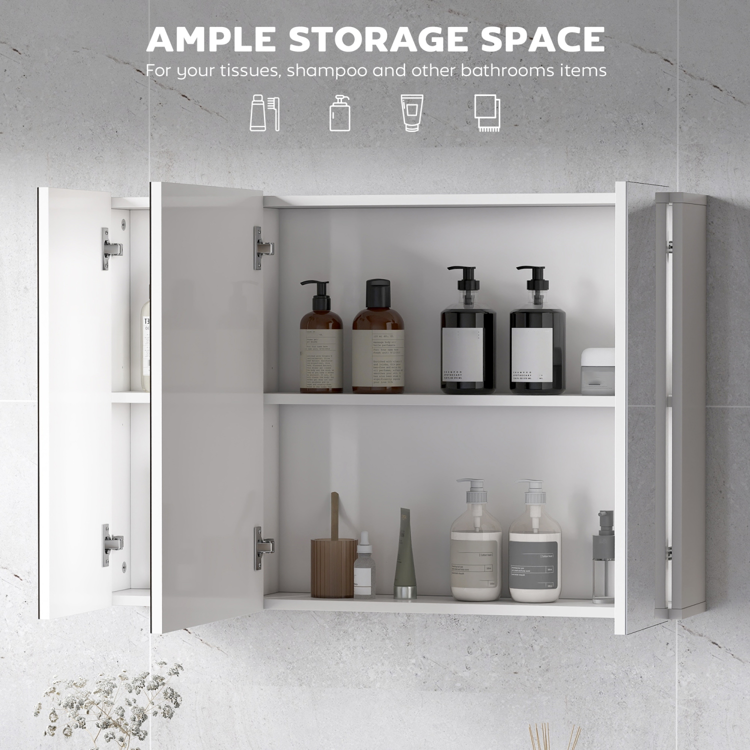 kleankin 35" x 24" Medicine Cabinet, Wall Mounted Bathroom Mirror Cabinet with Mirrored Doors, Adjustable Shelves, White