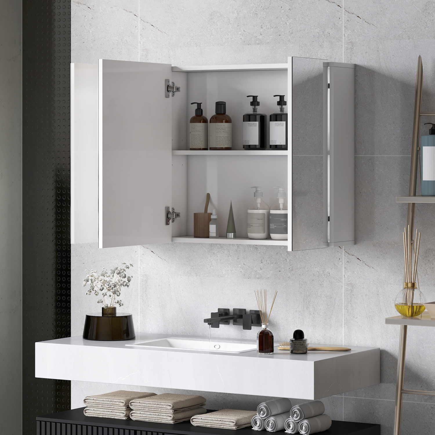 kleankin 35" x 24" Medicine Cabinet, Wall Mounted Bathroom Mirror Cabinet with Mirrored Doors, Adjustable Shelves, White