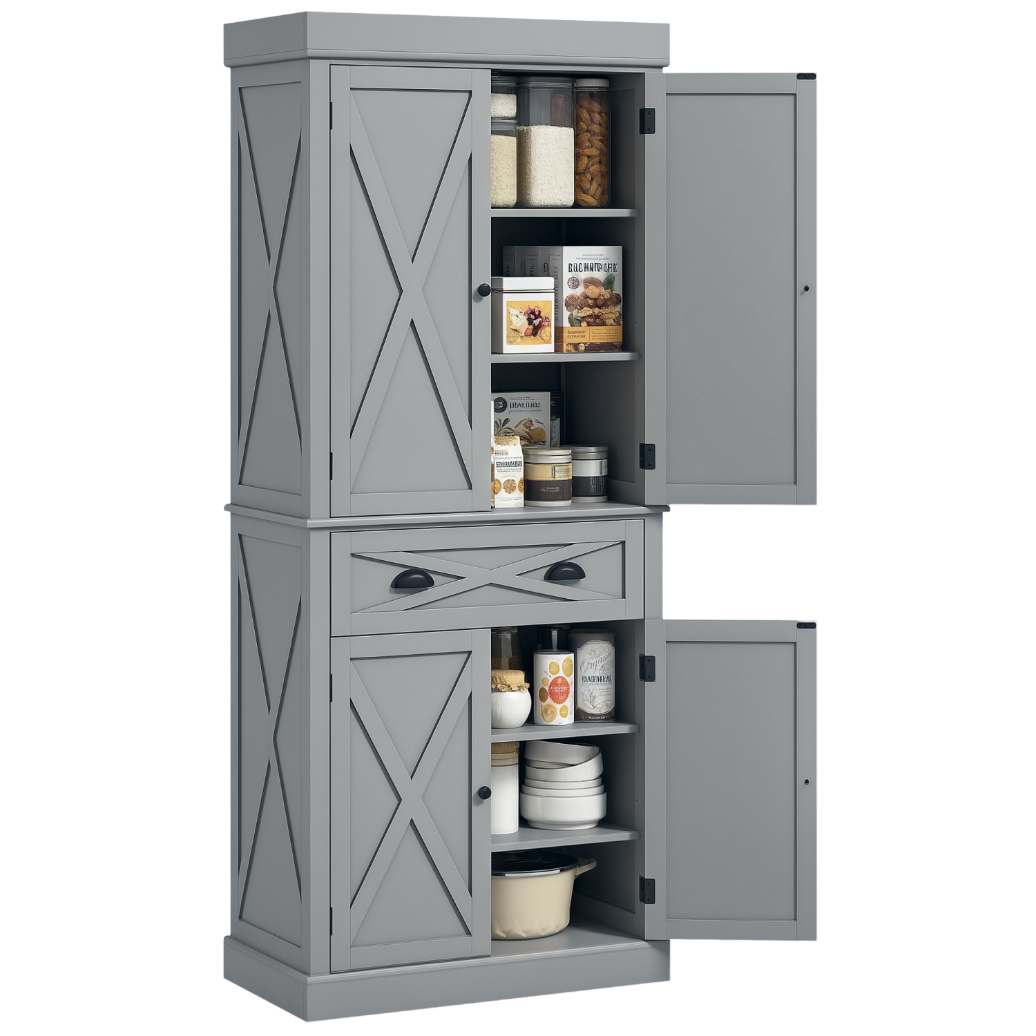 HOMCOM 72.5" Tall Kitchen Pantry Cabinet, Farmhouse Freestanding Kitchen Storage Cabinet with 4 Barn Doors, Drawer and Adjustable Shelves, Grey