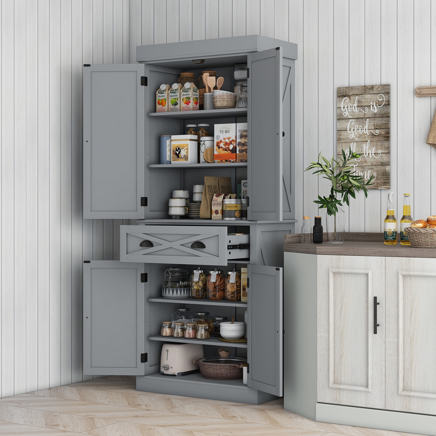 HOMCOM 72.5" Tall Kitchen Pantry Cabinet, Farmhouse Freestanding Kitchen Storage Cabinet with 4 Barn Doors, Drawer and Adjustable Shelves, Grey