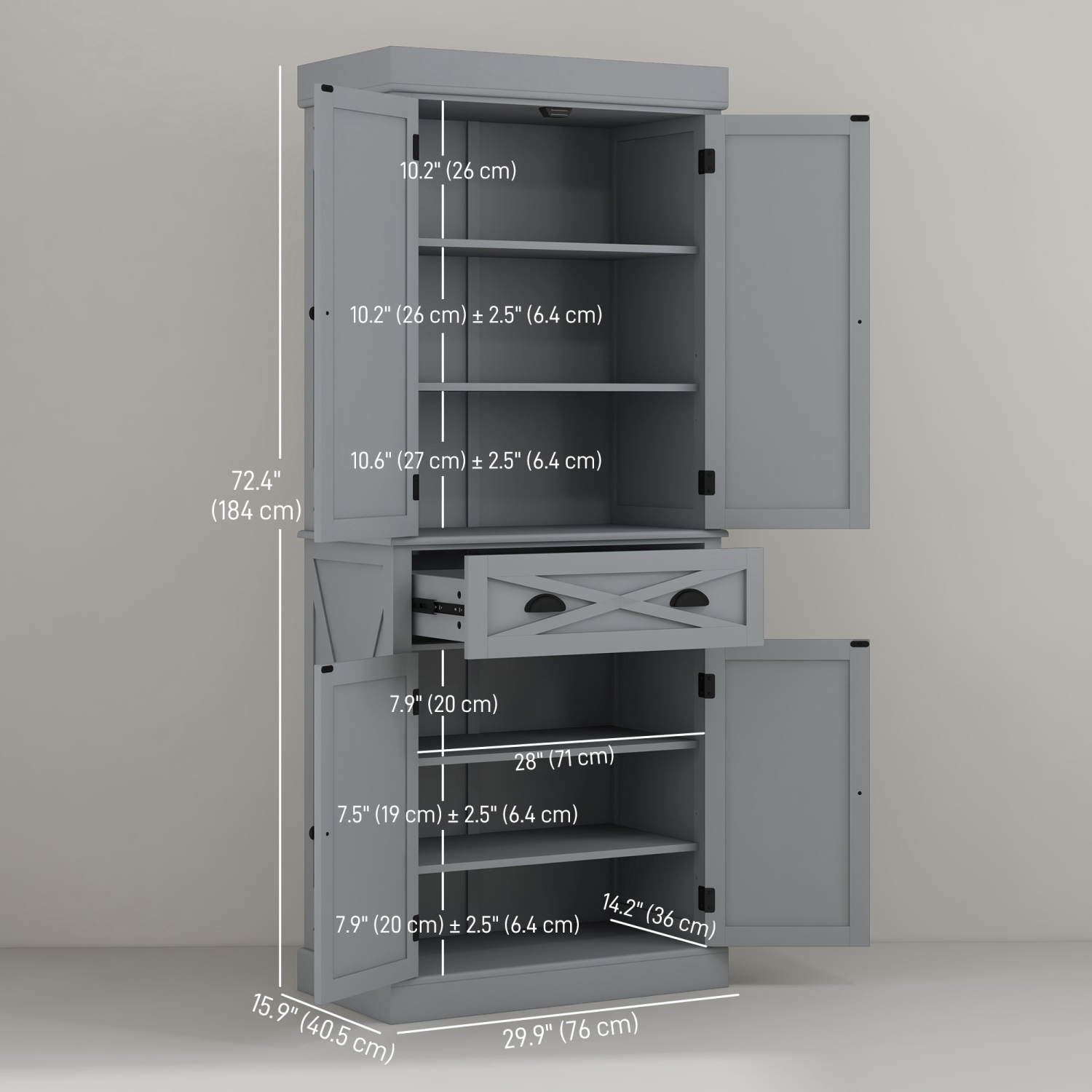 HOMCOM 72.5" Tall Kitchen Pantry Cabinet, Farmhouse Freestanding Kitchen Storage Cabinet with 4 Barn Doors, Drawer and Adjustable Shelves, Grey
