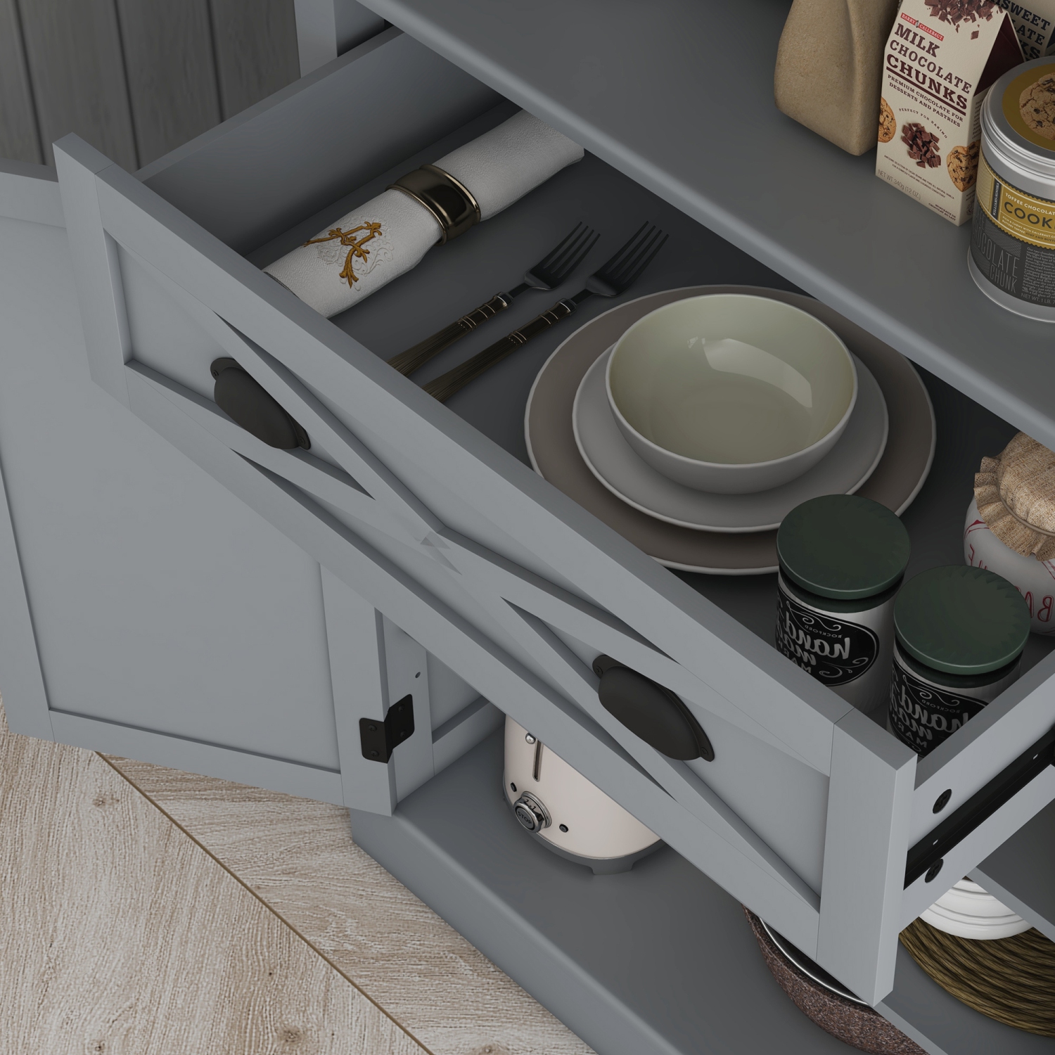 HOMCOM 72.5" Tall Kitchen Pantry Cabinet, Farmhouse Freestanding Kitchen Storage Cabinet with 4 Barn Doors, Drawer and Adjustable Shelves, Grey